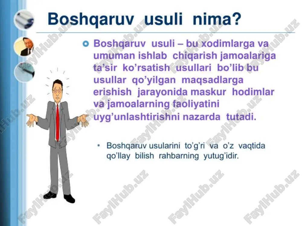 sul kishilarning shaxsiy va gurux manfaatlarini yuzaga chiqarish orqali ularning samarali ishlashini taminlanadi. bu maqsadda qoshimcha ish haqi to’lash mukofotlar berish bir yo’li katta pul bilan taqdirlash kabilar muxim ahamiyat kasb etadi iqtisodiy usullar 3 darajada qo’llaniladi: 1. makrodarajada qo’llaniladigan iqtisodiy usullar. 2. korxona (tashkilot) darajasida qo’llaniladigan iqtisodiy usullar. 3. alohida xodim darajasida qo’llaniladigan iqtisodiy usullar. boshqariluvchi ob’ektga iqtisodiy usullar orqali ko‘rsatiladigan ta’sir korxonalarni: jiddiy rejalar qabul qilishga; mehnat va moliya resurslaridan yanada unumliroq foydalanishga; yangi texnologilarni joriy qilishga; mehnat unumdorligini oshirishga; sifatli mahsulotlarni ishlab chiqarishga rag‘batlantiradigan bo‘lishi va shunga da’vat etishi kerak. boshqaruvning iqtisodiy usullari jumlasiga: narx novo va boshqalar transfert to’lovlar kredit va foiz stavkalari soliq va soliq yuki boj to’lovlari litsenziya subsidiya va sanksiya 1. makrodarajada qo’llaniladigan iqtisodiy usullar: • prognozlar; • milliy dasturlar; • soliq siyosati; • narx siyosati; • investitsiya siyosati; • moliya-kredit siyosati. 2. korxona (tashkilot) darajasida qo’llaniladigan iqtisodiy usullar. a) rejalashtirish uslublari balans …