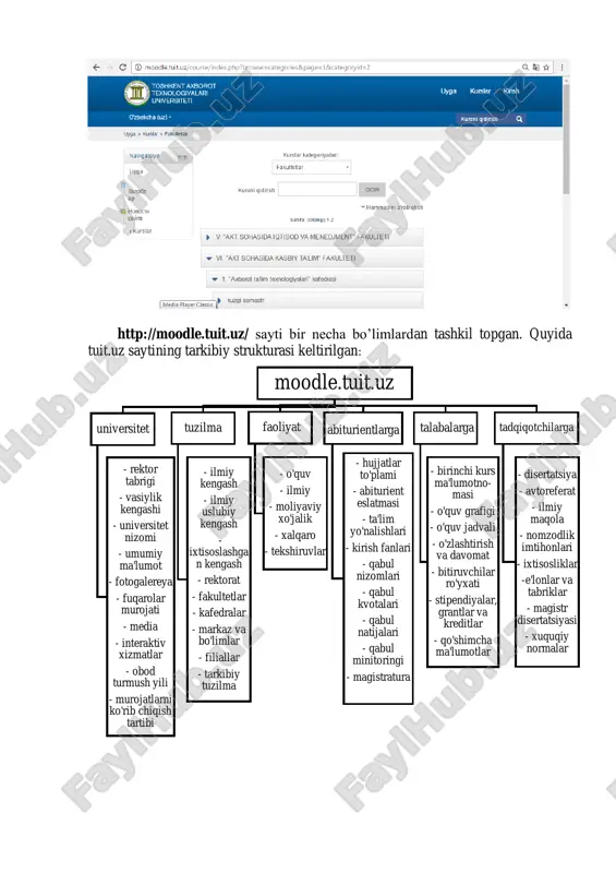 resurs markazi - elektron kutubxona - axborot resurs markazi - masofaviy ta'lim tizimi - dastur kodini tastlash tizimi - umumiy qoidalar press markaz - tadbirlar va ko'rgazmalar - konferensiya va seminarlar - nashriyot ishi ijtimoiy soha - kasaba uyushmalari qo'mitasi - kamolot yoih - sportkompleks - talabalar turar joyi - ijtimoiy hayot va sport ilmiy jurnal - 2007 - 2008 - 2009 - 2010 - 2011 - 2012 - 2013 - 2014 - 2015 - 2016 itpa 2016 2 -laboratoriya mashg‘ulot mavzusi: moodle masofaviy ta’lim platformasini o`rganish 2 soat laboratoriya mashgulot maqsadi: moodle masofaviy ta’lim platformasini o`rganish. kerakli jihozlar. kompyuter, hub, switch,tarmoq kabellari, internet tarmog’i. ishni bajarish tartibi. talabalarni uch guruhga bo`lib, mavzu bo`yicha berilgan vazifalarni bajaradilar. i. qisqacha nazariy ma`lumot moodle – bu o`qituvchilar tomonidan online-kurslarni yaratish uchun maxsus ishlab chiqilgan sayt tarkibini boshqarish tizimi (content management system - cms) dir. uni ko`pincha e-learning tizimlarni o`qitishni boshqarish tizimlari (learning …