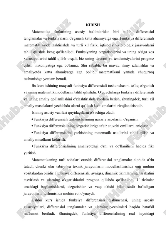 g amaliy qo'llanilishini misollar bilan ko'rsatish. · funksiya differensialini turli tizimlarni modellashtirish va tahlil qilishda qo'llash. i. bob funksiya differensialiining ilmiy adabiyotlardagi tahlili 1.1. differensiallanuvchi funksiya. differensiallanuvchi bo‘lishining zaruriy va yyetarli sharti faraz qilaylik y=f(x) funksiya (a,b) oraliqda aniqlangan va x0(a,b) bo‘lsin. 1-ta’rif. agar f(x) funksiyaning x0 nuqtadagi y orttirmasini y=ax+(x)x (1.1) ko‘rinishda yozish mumkin bo‘lsa, bu funksiya x=x0 nuqtada differensiallanuvchi funksiya deyiladi. bunda a - x ga bog‘liq bo‘lmagan biror o‘zgarmas son, (x) esa x0 da cheksiz kichik funksiya, ya’ni . y=kx+b chiziqli funksiyani qaraylik. uning uchun y=kx tenglik o‘rinli, ya’ni funksiya orttirmasi argument orttirmasiga to‘g‘ri proportsional. tarifdagi y=ax+(x)x tenglik esa funksiya orttirmasi argument orttirmasiga «deyarli to‘g‘ri proportsional»ligini bildiradi, ya’ni yax. bu tenglik |x| qanchalik kichik bo‘lsa, shunchalik aniqroq bo‘ladi. geometrik nuqtai nazardan funksiyaning x nuqtada differensiallanuvchi bo‘lishi funksiya grafigi x nuqtaning yyetarlicha kichik atrofida biror novertikal to‘g‘ri chiziq, ya’ni biror chiziqli funksiya grafigi bilan «qo‘shilib» ketishini anglatadi. shunday …