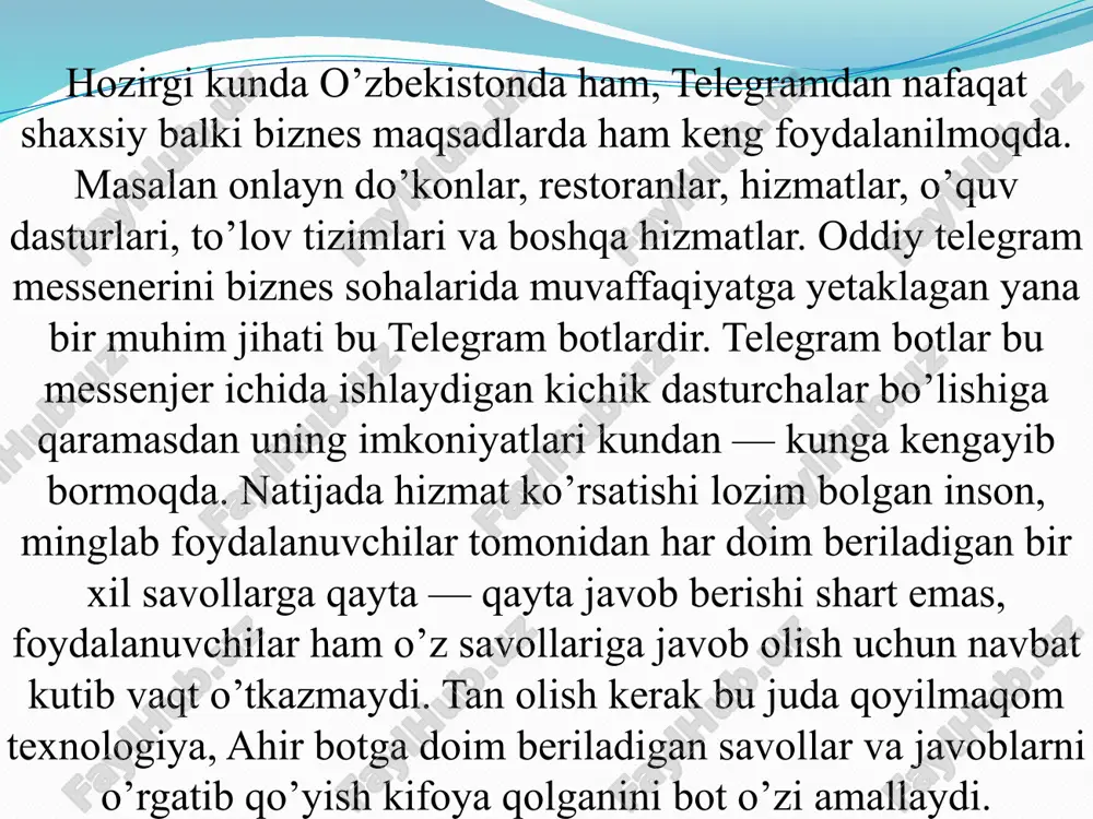 ch controllerbotga kirib kanalimizning @username ini joʻnatamiz. undan keyin bizga shahar nomini joʻnating degan xabar keladi. botning vaqtini toʻgʻrilash uchun biz toshkent deb yozib joʻnatamiz, chunki oʻzbekiston toshkent soat mintaqasi boʻyicha kunlarni hisoblaydi. keyin “verno” tugmasi bosiladi. boʻldi shu bilan kanalga post joylovchi controller bot ishga tushdi. endi botni ishlatishni oʻrganamiz. kanalga post joylash uchun controllerbotga kirib “sozdat obnavleniya” tugmasini bosamiz. sozdatni tanlaganimizdan keyin oʻzimizning kanalni tanlaymiz. keyin bizni boya ochgan botimizga oʻtkazadi, botga start beramiz. keyin u yerda bizni birinchi sozlanma kutib turgan boʻladi. hech narsani oʻzgartirmasdan “prodoljit” tugmasini bosamiz. keyin bizda mana bunday menu hosil boʻladi endi biz postimizning matnini yozib botga joʻnatamiz. keyin post ostida bir qancha knopkalar hosil boʻladi. demak knopkalar bilan tanishamiz: 1. prikrepit mediafayl — bu knopkani bosib postga foto va video yoki gifni qoʻshib qoʻysangiz boʻladi. 2. dobavit komentarii — post ostiga komentariya qoʻshish. 3. dobavit reaktsii — postga like/dislike yoki boshqacha emojilar …