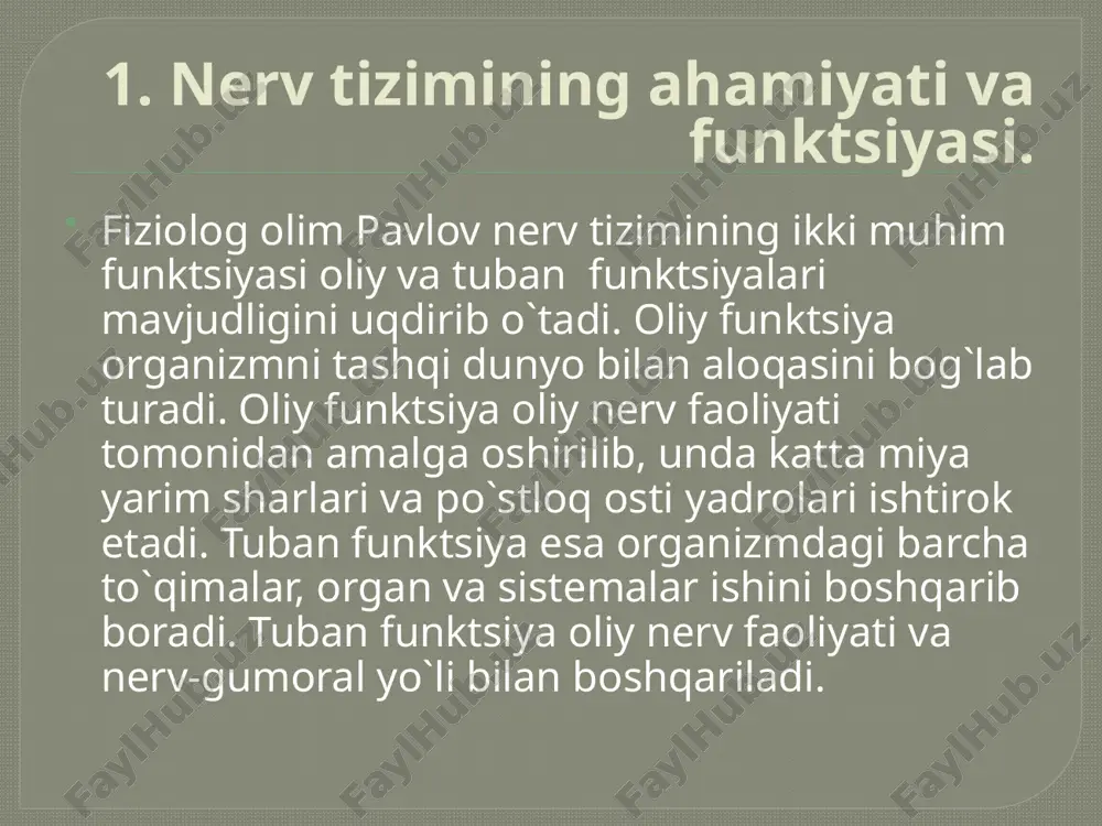 halliy potentsial va harakat potentsiali. tinchlik potentsiali-fiziologik tinchlik protsessida vujudga keladigan membrana potentsialidir. uning vujudga kelishi hujayra ichidagi tsitoplazma va hujayra yuzasining suyuqligidagi ionlar to`plami tufayli bo`ladi. hujayra ichida kaliy ionlari, hujayralar aro suyuqlikda ancha ko`p, natriy ionlari esa tsitoplazmada kam, hujayralararo suyuqlikda ko`p. ma`lumki biron suyuqlikda ma`lum miqdordagi kationlar bo`lsa, shuncha anionlar ham bo`ladi. elektoroneytrallik uchun zarur ionlar anorganik (cl, hpo, hco) va organik anionlar (oqsillar, aminokislotalar) hisobidan bo`ladi. bular tsitoplazmada moddalar almashinuvi natijasida sodir bo`ladi. lekin bunday elektroneytrallik uzoq vaqt saqlanmaydi. 4. markaziy nerv tizimi. odamlarda markaziy nerv tizimi, bir tomondan, barcha to`qima va xujayralarni o`zaro bog`lab, ular integratsiyasini ta`minlasa, ikkinchi tomondan, organizmni tashqi muhit bilan bog`lab turadi. nerv sistemasining asosiy ishlash mexanizmi refleksdir. refleks retseptorlarda yuzaga keladigan qo`zg`alishga nisbatan nerv markazlaridagi javob reaktsiyasidir. reflekslar shartli va shartsiz bo`ladi. shartli reflekslar hayot protsessida yuzaga keladi. shartsiz reflekslar esa tug`ma bo`lib, nasldan-naslga o`tadi. eng asosiysi shartli refleksda ma`lum bir …