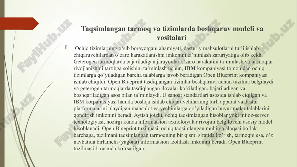 ruvi servisi. ular lokal va o‘chirilgan obyektlarga (printer, disk, …) yorqin tiniq ruxsatni ta’minlaydi va obyekt menedjerlariga ega. ko‘rilayotgan to‘plamning uchinchisi-taqsimlangan servislar. ular taqsimlangan ilovalar qismlari va/yoki resurs menedjerlariga bir-birlari bilan o‘zaro harakatda bo‘lishga yordam beruvchi umumiy mexanizmlarni ta’minlaydi. ularga fayl kataloglar servisi, xavfsizligi, vaqti, hamda tranzaksiya menedjerlari kiradi. ilovalar servisi va ilovalarni yozuvchi servislar. bu to’plam ham servisning uch turini birlashtiradi. birinchi tur-ilova va iste’molchilarning orasidagi o’zaro harakatini turli qurilmalar orqali aniqlovchi taqdimot bosqichi servisidir. to’plamlardagi keyingi servislar – ma’lumotga ruxsat servislari. ular ilovalarga ma’lumotlariga ruxsatini (kirishini) ta’minlaydi. to’plamdagi uchinchi servis – bu standart ko’rinishda ishlab chiqilgan umumiy funksiyalardan iborat, ilovalar servislaridir. ularga tranzaksiya monitori, vazifalar oqimi monitori va elektron pochta kiradi. barcha qayd etilgan xizmatlar tuzilma boshqaruvi servislari uchun asos hisoblanadi. ular tuzilma adminstratorlarini taqsimlagan hisoblash muhiti, hamda lokal operatsion tuzilmalarni funksiyalash kabi boshqaruv vositalari bilan ta’minlaydilar. ko’rib o’tilgan resurslar menendjerlari, qandaydir aniq mahsulotga muvofiq bo’lishi shart emas. …