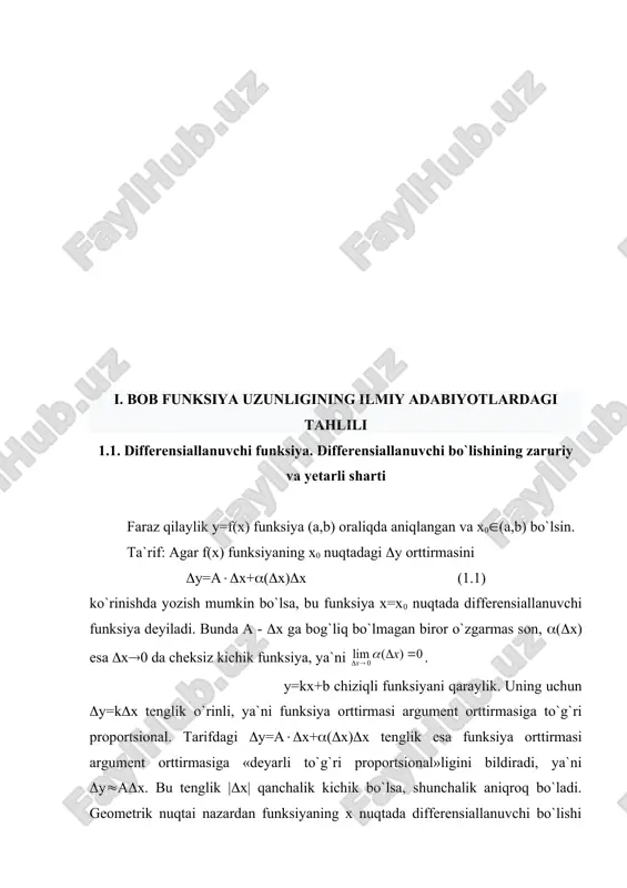 nglatadi. shu sababli hosilani topish amali funksiyani differensiallash, matematik analizning hosila o`rganiladigan bo`limi differensial hisob deb ataladi. shunday qilib, avvalgi 1-ta`rif bilan ekvivalent bo`lgan ushbu ta`rifni ham berish mumkin: ta`rif: agar f(x) funksiya x=x0 nuqtada chekli f`(x0) hosilaga ega bo`lsa, u holda f(x) funksiya x=x0 nuqtada differensiallanuvchi deyiladi. differensiallanuvchi funksiya (ya'ni, biror funksiyaning differensiallanuvchi bo‘lishi) deganda, uning hosilasi mavjud bo‘lgan va shu orqali o‘zgarishlarining o‘zgaruvchanligi o‘rganiladigan funksiya tushuniladi. agar biror funksiya f(x)f(x) aniq bir nuqtada differensiallanuvchi bo‘lsa, demak, uning hosilasi shu nuqtada mavjud bo‘ladi. 1. differensiallanuvchi bo‘lishining zaruriy sharti: agar f(x)f(x) nuqtada differensiallanuvchi bo‘lsa, unda quyidagi shart bajarilishi zarur: funksiya f(x)f(x) uzluksiz bo‘lishi kerak, ya'ni: bu shartdan kelib chiqqan holda, agar funksiya nuqtada differensiallanuvchi bo‘lsa, u nuqtada uzluksiz bo‘lishi kerak, lekin aksincha bo‘lishi kerak emas. boshqacha aytganda, agar funksiya nuqtada uzluksiz bo‘lsa, bu uning differensiallanuvchi ekanligini anglatmaydi. 2. differensiallanuvchi bo‘lishining yetarli sharti: agar f(x)f(x) funksiya x=ax = a nuqtada differensiallanuvchi …