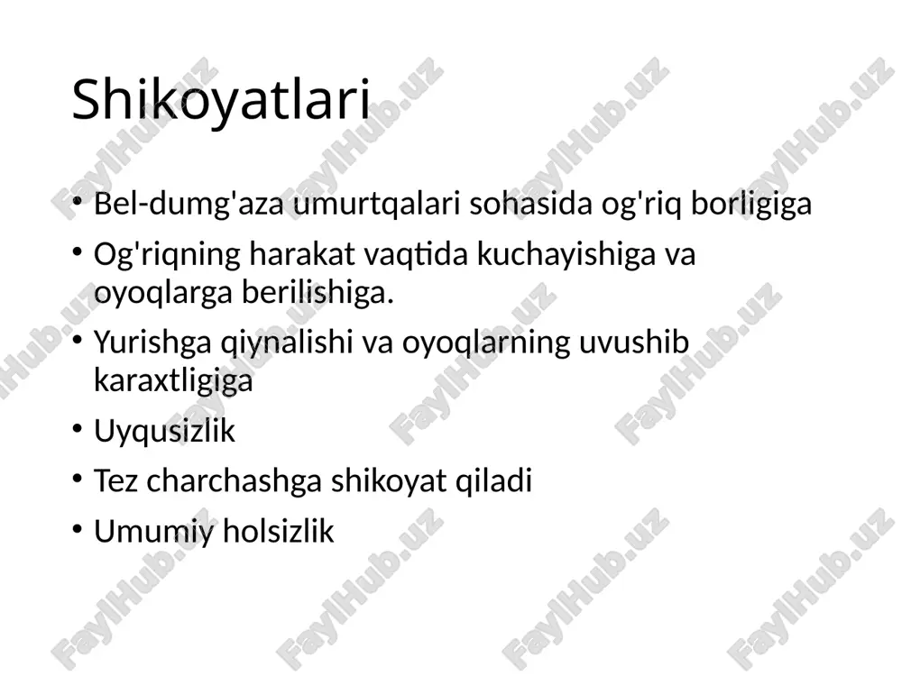 ari: bel va oyoqlar bo'ylab og'riq, umumiy holsizlik bemor yuzi simmetrik, ongi aniq, savollarga aniq va to'g'ri javob beradi. harakatlari aniq, parez, paralichlar yo'q bosh miya nervlari o'zgarishsiz patologik reflekslar aniqlanmadi. dastlabki diagnoz: bel umurtqalari osteo-xondrozi tekshirish rejasi laborator umumiy qon tahlili qon biokimyoviy tahlil siydik tahlili axlat tahlili qon ivish ko'rsatkichi instrumental ko'krak qafasi rentgenografiyasi bel- dumg'aza sohasi mskt ekg, exokg jigar, taloq uttsi nevrolog konsultatsiyasi siydik tahlili ko'rsatma natija norma miqdori 100ml 100ml rangi somon rangda somon rang tiniqligi tiniq tiniq solishtirma og'irligi 1024 1012-1024 oqsil - - glukoza - - epiteliy 2-4 2-5 eritrosit - - leykotsit 1-2 2-4 axlat tahlili ko'rsatkichlar natija muskul to'qimasi - birik. to'qima 2-3 epiteliy leykosit eritrosit yo'q sodda hayvonlar aniqlanmadi gijja tuxumlari aniqlanmadi instrumental tekshiruv natijalari rentgen: bel umurtqalari osteoxondrozi; ekg: yurak urishi ritmik, ritm sinusli utt( buyrak, siydik pufagi): o'ng buyrak 125×61mm, chap buyrak 127×65mm, konturlari aniq, izoexogen, siydik pufagi …
