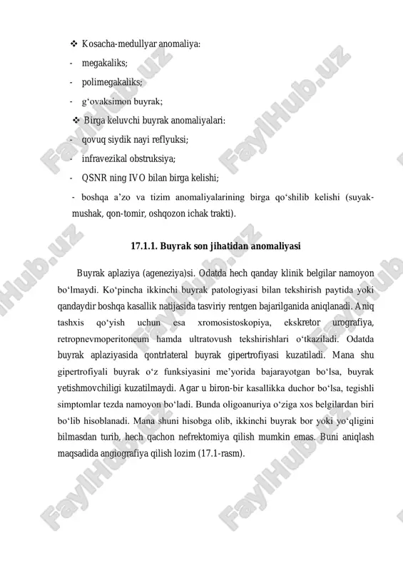 farq qilinadi. buyrak ikkilanishida ikkala segment bitta fibroz kapsulaga ega bo‘lib, buyrakda ikkita jom mavjud bo‘ladi. deyarli yuqori segment gipoplaziv holatda bo‘lib, unda bitta kosacha, ayrim hollarda esa ikkita kosacha bo‘lishi mumkin. uning kosachasi kaltagina siydik nayi orqali yoki pastki buyrak jomiga, yoki uning siydik nayiga tutashish hollari kuzatiladi. yuqori segmentning siydik nayi pastki segment siydik nayiga tutashsa, buyrakning qisman ikkilanishi deyiladi. agar segmentlarning siydik naylari qovuqqa ayrim-ayrim mustaqil ochilsa, to‘liq buyrak ikkilanishi deb yuritiladi. ayrim hollarda pastki segment gipoplaziya holatida bo‘lishi mumkin. umuman, gipoplaziv rivojlangan buyrak morfofunksional jihatdan nuqsonli bo‘lganligidan urodinamik o‘zgarishlar ro‘y berib, surunkali yallig‘lanishga sabab bo‘ladi. bu ikkilangan buyrakka xos sifatlardir. klinikasi va tashxisi. ikkilangan buyrakka xos bo‘lgan klinik simptomlar ilk bosqichlarda ro‘y-rost namoyon bo‘lavermaydi. maktab yoshidagi bolalar hech sababsiz tana haroratining ko‘tarilishi (subfebril), keyinchalik esa bel sohasida simmilovchi og‘riq bo‘layotganidan shikoyat qilishlari mumkin. ayrim hollarda esa ularni biqin sohasida sanchiqli og‘riq ham bezovta qilib turadi. ikkilangan …