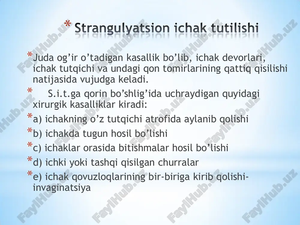 ari bemorlarda kuyidagi tekshirish usullari utkazildi: korin bushligi obzor rentgenografiyasi; pnevmoirrigografiya; ultratovush tekshiruvi; laborator taxlillar. korin bushligi umumiy rentgenografiyasi bemor 6 oylik. yonbosh-chambar ichak murakkab invaginatsiyasi ichak kovuzloklari kengaygan, korin ung pastki kismida ichak xavo saklashi kamaygan. invaginatning rentgen tasviri – pnevmoirrigografiya. jigar osti soxasida invaginat boshi aniklanadi. pnevmoirrigografiya yugon-yugon ichak invaginatsiyasi. oddiy yonbosh-chambar ichak invaginatsiyasi. murakkab yonbosh- chambar ichak mnvaginatsiyasi. 1 yosh 3 oylik bemorning korin bushligi a'zolari rentgenogrammasi. diagnostik maksadda xavo yuborilgandan sung; ung tomonda jigar ostida invaginat kurinadi. davolash maksadida xavo yuborilgandan sung; invaginat soyasi yukoldi, ingichka ichakda kup mikdorda xavo kurinadi. ung kovurga ravogi ostidan polipozitsion skanirlash. kavtli, aperistaltik, notugri tsilindr shakldagi struktura aniklanadi. kundalang kesimda «mishen» simptomi (a) aniklanadi, buylama kesimda esa «kavtli pirog»(b), «buterbrod»(v), «yolgon buyrak» (g) simptomlarini aniklash mumkin. a v ichak invaginatsiyasida utt tekshiruv usuli b g ichak invaginatsiyasida utt tekshiruv usuli exografik «mishen» simptomi. markazda oval shakldagi urtacha exogenli struktura (limfa …