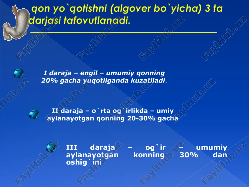 ri asosan tug`ma bo`lib, diafragmaning tug`ma nuqsonixisoblanadi. qorin bo`shlig`i a`zolari ko`krak qafasiga diafragma deffektlaridan kirib qoladi. bolalarda travmatik diafragma churralari kam uchraydi. diafragma churralarini 3 ta asosiy turi tafovut qilinadi: soxta churralar. chin churralar. diafragma qizilungach teshigining churralari oshqozondan – ichak traktining pastki kisimlaridan qon ketishi. mekkel divertikuli. klinika. divertikulning qonayotgan peptik yarasi ko`pincha erta yoshdagi bolalarda kuzatiladi. qon ketish bolaning sog` xolatida kelib – chiqadi, bolada xushdan ketish va kollaps kuzatiladi. qon to`q olcha rangida, quyqalar bilan bo`ladi. ko`p miqdorda qon ketishda axlat kelmaydi. qorinda og`riq, ichaklar qovuzloqlarini qon bilan ta`sirlanishiga bog`liq. ichak invaginatsiyasida qon ketish. ichak invaginatsiyasi ko`krak yoshdagi bolalarda ichak tsirkulyar va ko`ndalang muskullarining diskoordinatsiyasi natijasida kelib chiqadi yug`on ichak kasalliklarida qon ketish. to`g`ri ichakdan qon chiqish ko`richak, chambar ichak, tug`ri ichak kasalliklarida kuzatilishi mumkin. sabablari – ichak invaginatsiyasi, ichak poliplari, gemorroy, yarali kolit, orqa chiqaruv yo`li yorilishlari polip va vorsinkalik usmalardan qon ketish. poliplar ko`pincha yug`on …