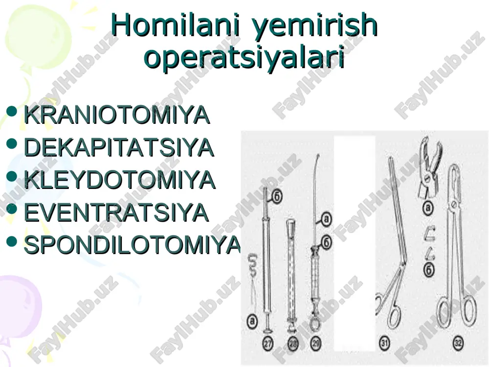 jarroxlik yo’li bilan bachadonni kesib, homila va yo’ldoshni olish qadimda homilador ayolda homiladorlik davrida yoki tug’ruq davrida o’lim yuz berganda bola hayotini saqlash uchun ushbu jarrohlik amaliyoti o’tkazilgan qisqacha tarixi tirik homiladorda opratsiya ilk marotaba xvii asr boshlarida o’tkazigan cccr da 1780-yilda birinchi bo’lib d.samoylovich operatsiyani tasvirlab beradi vatanimiz olimlaridan i.pobedinskiy ni xizmatlari katta operatsiyaga kursatma b. nisbiy kursatma tugruk disproportsiyasi – bola boshi va chanokning nomutanosibligi 2. tugruk yullari stenozi. 3 chanok va jinsiy organlar usmalari, bachadon raki. 4.avval boshdan utkazgan operatsiyalar (fistulorrafnya, bachadon yorilishi tikilganligi). 5. yuldoshning oldinda yotishi 6. eklampsiya. 7. kam uchraydigan kursatmalar (yuldoshning oldinga kuchishi, bola boshining nokulay urnashishi, kindikning tushishi, chanokni oldinda yotishi va b.) a. absolyut kursatma absolyut tor chanok, chin kon'yugata 6 sm past. 2. kinning chandikli kiskarishi 3.chanok soxasidagi usma, bachadon miomasi, tuxumdon usmasining nokulay joylashishi. chet el olimlari ks kursatmalarni 3 guruxga buladilar i gurux. ona tomonidan anatomik va klinik …