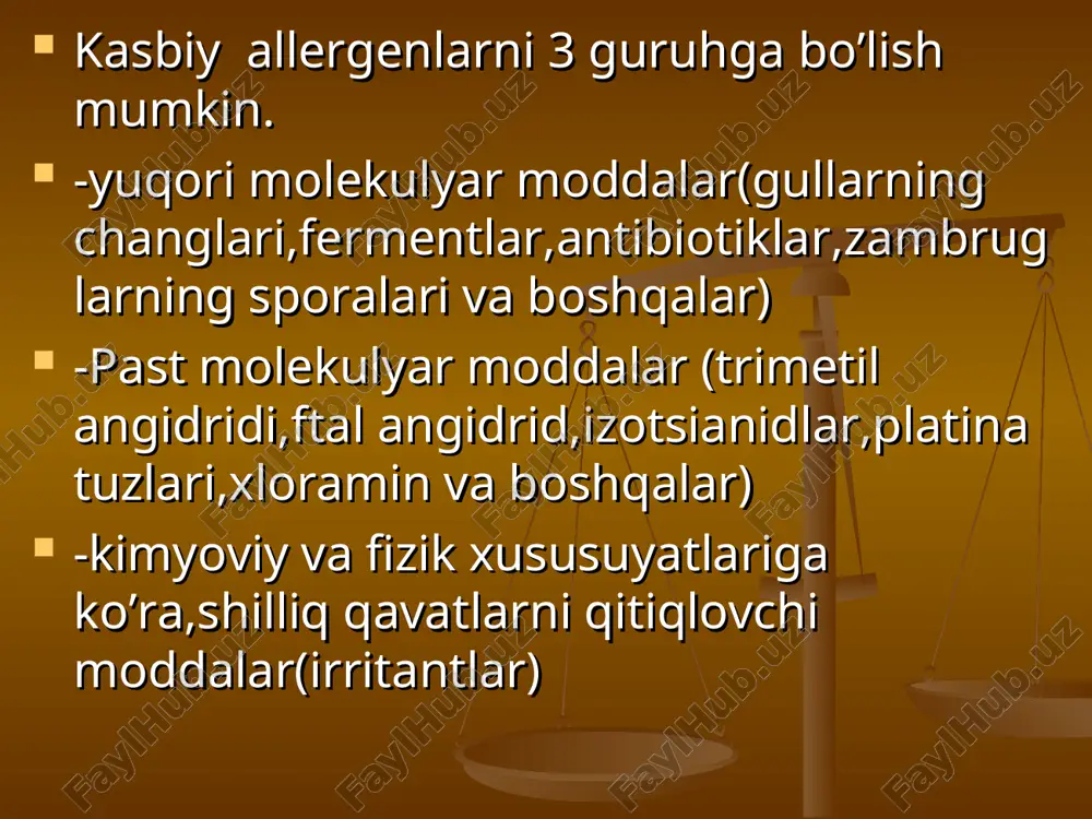 , koniotuberkulyoz organik chang ta'- siridan rivoj- langan pnevmoko- niozlar (paxta, don, plastmassa va boshqa changlar) interstitsial shakli i ii (kam) sekin surunkali bronxit allergik sindrom pnevmokoniozlarning asorati 1. o'pkaning sil kasalligi silikotuberkulyozsilikosil 2. o'pka emfizemasi 3. nafas olish etishmovchiligi 4. o'pka – yurak etishmovchiligi 5. surunkali o'pka yallig'lanishi 6. bronxoektazlar 7. bronxoektatik kasalligi 8. bronxial astma kasalligi 9. o'pkaning xavfli o'smasi 10. spontan pnevmotoraks changli bronxit rivojlanishi ehtimoli yuqori bo'lgan ishlab chiqarish sohalari. ishlab chiqarish sohalari ishlab chiqarish kasblar ko'mir sanoati tog'-kon ishchilari yo'l ochuvchilar, ko'mir kombaynlari, mashinistlari va boshqalar tog'-kon sanoati parmalovchilar, yo'l ochuvchilar, yuklash mashinalarining haydovchilari va boshqalar mashinosozlik sanoati: quyish tsexi (quvchilar, shakl- beruvchilar, maydalovchilar, chilinungarlar va boshqalar); metallarga ishlov berish (sayhom beruvchilar); kovsharlash ishlari va gazli payvandlash) qurilish ashyolari-ni ishlab chiqarish, qurilish: maydalovchilar, betonchilar, parmalovchilar, portolatuv-chilar, g'isht teruvchilar va boshqalar). mashinosozlik sanoati: quyish tsexi (quvchilar, shakl- beruvchilar, maydalovchilar, chilinungarlar va boshqalar); metallarga ishlov berish (sayhom …