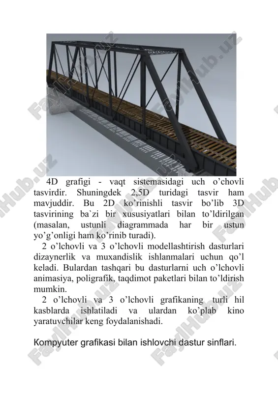 turli maskalar, ko’p sonli filtrlardan tashqri rang bilan ishlash va maxsus effektlarni yaratishga mo’’ljallangan vositalar majmui kiritilgan. rastrli paketlardan tashqri poligrafiya ishlari uchun mo’ljallangan vektorli kompyuter grafikasi dasturlari ham mavjud. bulardan windows tizimi uchun mo’ljallangan adobe illustrator va corel draw dasturlari haqida aytib o’tish lozim. illstrator illyustrasiyalar yaratish, sahifalarning umumiy dizaynini ishlab chiqish hamda tayyor tasvirni yuqori sifatda chop etishga mo’ljallangan. paket ihtiyoriy shakldagi simvollar va figuralarni yaratib, so’ng ularni masshtablash, aylantirish(o’z uqi atrofida) va deformasiyalash imkoniyatlaridan tashqari matn va ko’p varaqli xujjatlarni qayta ishlash vositalariga ega. corel draw vektorli paketi rasm chizishdan tashqari turli grafiklarni tayyorlash va rastrli tasvirlarni taxrirlash ishlarini bajara oladi. bu dastur fayllarni boshqarish, kompyuter displeyida slayd-filmlar namoyish etish, «qo’lda» chizish va tasvir qatlamlari bilan ishlash, uch o’lchamli maxsus effektlarni qo’llash, matnni qayta ishlash vositalari bilan ta’minlangan. bulardan tashqari windows muxitida ishlovchi adobe photostyler, sgi va macintosh kompyuterlari uchun mo’ljallangan barco creator, live picture, scitex blaze, …