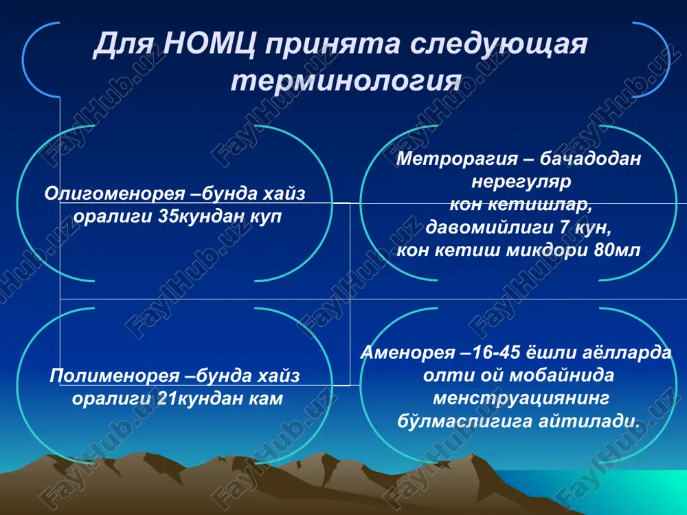 aytib utilgan patologiyalarda kon ketishi tsiklik (menorragiya)xarakterga dbk da esa atsiklik (metrorragiya) xarakteriga ega. anovulyator – dbk : kiska muddatli folikula persistentsiyasi 1-5 28 14 anovulyator – dbk : etilgan follikulaning uzok muddatli persistentsiyasi 1-5 28 ---------- 14 2-8 xafta kechikish anovulyator – dbk : atretik follikulaning uzok muddatli persistentsiyasi 1-5 28 --------- 14 2-3 oy kechikish ovulyator – dbk : kiskargan xayz tsikli 1-5 21------ --------- 28 14 7-8 xayz tsiklining lyutein fazasining etishmovchiligi bulishi mumkin: gipolyuteinizm kechikkan ovulyatsiya ovulyatsiya bulmagan follikula sindromi lyutein faza etishmovchilik sindromi bulishi mumkin : kalkonsimon bez gipofunktsiyasi giperprolaki nemiya giperandrogeniya gipogonadotrop garmonlar ta'sirida gipofizar etishmovchilik ovulyator – dbk : lyutein faza etishmovchiligi 1-5 20-21- --------- 28 14 ovulyator –dbk : lyutein faza etishmovchiligi (kechichikan ovulyatsiya) 1-5 28 14 17 dbk – ovulyator: follikula ovulyasiyasi bulmasligi sinromi 1-5 28 14 ovulyator – dbk : giperlyuteinizm 1-5 28 14 1-2xafta. kechikish davolash i boskich. gemostaz …