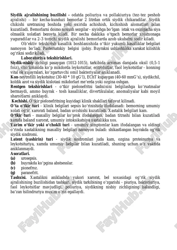 il sharoitlar – xastalik rivojlanishida muxim rol o’ynaydi. a) obstruktiv uropatiya – ya’ni siydik okishining buzilishi va urostaz rivojlanishini (siydik chikarish naychasining torayishi yoki bukilishida, prostata adenomasida, tashkaridan o’sma ta’sirida siydik chikarish naychasining sikilishida, yalliglanish infiltratsiyasida kuzatiladi). b) buyrak kasalligi. buyrak jomchasidagi toshlar shillik pardani doim shikastlaydi va uning chidamliligini kamaytiradi, siydik chikarish yo’lini bekitadi va urostazga (siydik dimlanishiga) olib keladi. g) shamollash buyrak kon tomirlariga reflektor ta’sir kiladi – toraytiradi, a’zolar trofikasini va ximoya mexanizmlarini buzadi. patologik anatomiyasi. o’tkir serozli va o’tkir yiringli pielonefrit tafovut kilinadi. o’tkir pielonefritning boshlang’ich davrida buyrak xajmi ozgina kattalashgan, buyrak jomchasini shillik pardasi yalliglangan, shishgan, ba’zi joylari yaralangan. siydik okishi buzilganda jomchada yiring to’planadi. buyrak tukimasining yalliglanish infiltratsiyasi kuzatiladi, ba’zi joylarda yiring uchoglari aniklanadi. uzok davom etuvchi pielitda buyrakda yalliglanish uchastkalari skleroz bo’lakchalaridan ajralgan, ular o’rtasida mutlako o’zgarmagan parenxima otachalari joylashgan. yallig’lanish jarayoni oldin oralik; to’kimani, keyin kanalchalarni shikastlaydi oxirgi (terminal) boskichda esa patologik …
