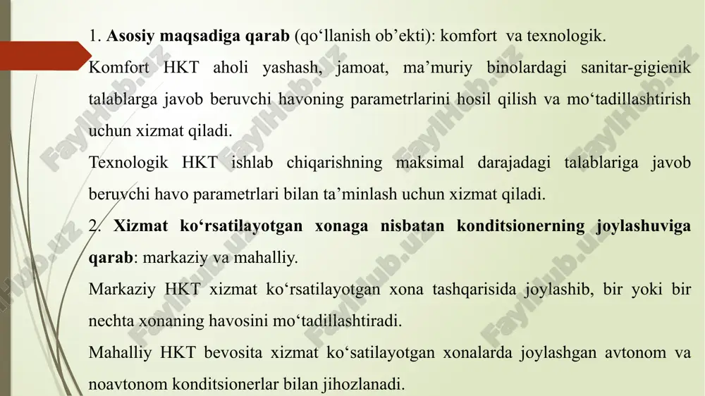 analli o‘rta bosimli kanalli yuqori bosimli fankoyl ko‘rinishlari chiller chiller – bu markaziy hktlarida foydalaniladigan sovutish mashinasi, turli xil sanoat jihozlarining sovutish tizimlarida qo‘llaniladigan qurilma. chiller quvvati katta monoblok konditsioner kabi bo‘ladi, faqat havoni yemas, bevosita suvni sovutadi. chipler issiqlik tashuvchi (suv, antifriz)ni sovutadi yoki isitadi va uni vuruvlar orqali fonkoyllarga uzatadi (yoki boshqa issiqlik almashinuvchiga). sanoat sovutgichlari (chillerlar) sanoat jihozlari va xonalarning doimiy harorat parametrlarini bir maromda ushlab turishga yordam beradi. mahalliy ososlar mahalliy ososlar zararli moddalarni ular hosil bo‘lgan joyidan so‘rib chiqarish uchun xizmat qiladi. so‘rma shkaflar tabiiy ventilyatsiyani surma shkaflarining oldi qismi ochiq bo‘lib, qolgan tomonlari yopiq bo‘ladi. ochiq joydan bajariladigan jarayon kuzatiladi. shkaf ichida paydo buladigan zararli moddalar havo bilan tashqi muhitga so‘rilib chiqariladi. surma shkaflarda tabiiy bosim hosil kilish uchun mo‘ri ishlatiladi. so‘rma zontlar. so‘rma zontlar deb zararli moddalarni chiqish manbalarning ustida joylashtiriladigan konus, yoki piramida shakliga yega bo‘lgan mahalliy ososlarga aytiladi. so‘rish zontlar oddiy …