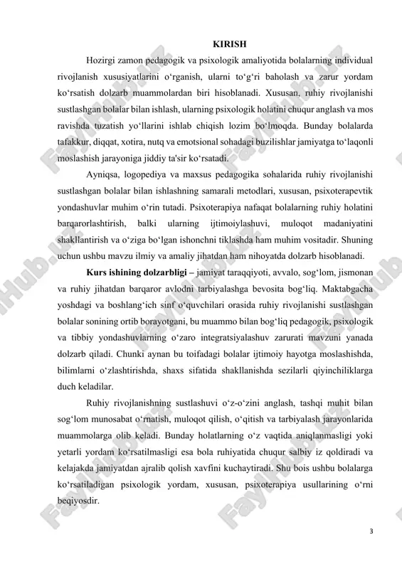 b, individual ehtiyojlarga to‘liq javob bera olmaydi. psixoterapiya esa, o‘z mohiyati bilan shaxsiy yondashuv, ruhiy-emosional holatga chuqur kirib borish va bolaning ichki dunyosini ijobiy tomonga o‘zgartirish vositasi sifatida ajralib turadi. shu bilan birga, o‘zbekiston respublikasining "nogironligi bo‘lgan shaxslarning huquqlari to‘g‘risida"gi qonuni (2021) hamda "maxsus ta’lim to‘g‘risida"gi qarorlarida nogironligi bo‘lgan, shu jumladan ruhiy rivojlanishida cheklovga ega bo‘lgan bolalarga moslashtirilgan ta'lim, psixologik-pedagogik yordam ko‘rsatishning zamonaviy metodlarini joriy etish zarurligi ta’kidlangan. bu esa ushbu mavzuga bo‘lgan ilmiy va amaliy qiziqishni yanada oshiradi. xalqaro tajribada ham (masalan, aqsh, germaniya, rossiya, isroil kabi davlatlarda) bolalar psixoterapiyasi keng qo‘llanilmoqda. u yerda kognitiv-behavioral terapiya, art-terapiya, sandplay terapiya, musiqa va hayvonlar bilan ishlash orqali ruhiy muvozanatni tiklash usullari muvaffaqiyatli sinovdan o‘tgan. ushbu yondashuvlar endilikda o‘zbekistonda ham bosqichma-bosqich joriy etilmoqda. bu esa, mahalliy sharoitda ularning samaradorligini o‘rganish va moslashtirish zaruratini tug‘diradi. bundan tashqari, maktabgacha va maktab ta’limi tizimida faoliyat yuritayotgan psixolog, defektolog va logoped mutaxassislarning psixoterapevtik ko‘nikmalarini kuchaytirish — …