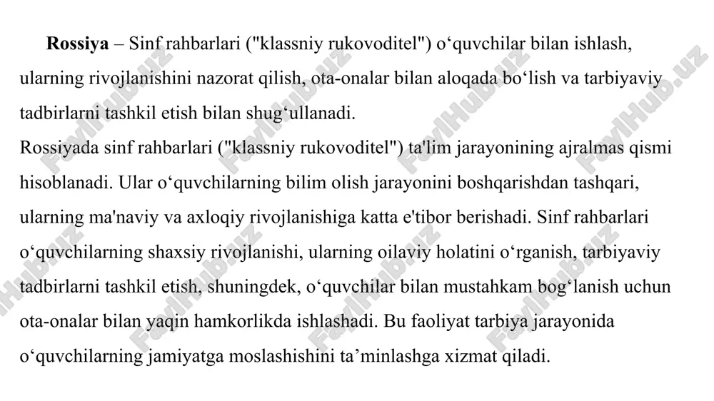 i homiy" (sinovchi o‘qituvchi) tushunchalari keng tarqalgan. bu o‘qituvchilar muayyan guruh o‘quvchilarga pedagogik va tarbiyaviy yordam ko‘rsatadi. ular o‘quvchilarning individual rivojlanishini kuzatib, ularga shaxsiy maslahatlar berib boradi. ko‘plab maktablarda mentor o‘qituvchilar o‘quvchilarga o‘z maqsadlariga erishishda yo‘l-yo‘riq ko‘rsatadi, shuningdek, o‘quvchilarning maktab hayotiga to‘liq moslashishida yordam beradi. hindiston. sinf rahbari nomlanishi: "class teacher", faoliyati hindistonda sinf rahbarlari "class teacher" deb ataladi. ular o‘quvchilarning darsdagi ishtiroki, intizomi, tarbiyasi va umumiy rivojlanishi uchun javobgardirlar. sinf rahbarlari o‘quvchilarning bilim olish jarayonini kuzatib borishadi va ularning rivojlanishiga ko‘mak berishadi. shuningdek, ular o‘quvchilarning intellektual va axloqiy rivojlanishi uchun tarbiyaviy tadbirlar o‘tkazishadi. hindistonda sinf rahbarlari ota-onalar bilan muntazam uchrashuvlar o‘tkazib, o‘quvchilarining muammolarini hal qilishga yordam berishadi. janubiy koreyada sinf rahbari nomlanishi: "homeroom teacher" yoki "담임교사” (damim gyosa), faoliyati janubiy koreyada sinf rahbarlari "homeroom teacher" deb ataladi. ular o‘quvchilarning intizomi, ta'lim va tarbiyasi bilan shug‘ullanishadi. sinf rahbarlari o‘quvchilarning darsdagi va darsdan tashqari faoliyatlarini boshqarishadi. ular o‘quvchilarning shaxsiy muammolarini hal …