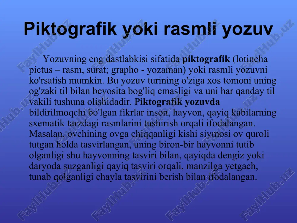 tayyorlash bo‘lgan. * rasskaz uchitelya. * maktabda o‘qitish jarayoni qadimgi misrdagi maktablarning shiori quyidagicha bo‘lgan: «bolaning qulog‘i orqasida bo‘ladi, shunga ko‘ra u eshitishi uchun orqasiga urish kerak». dastlab o‘quvchilar singan chinni idishlarga yozishgan. faqatgina yozuv san’atini yashxi egallagan katta yoshdagi o‘quvchilarga papirus ishonib topshirilar edi bu shiorga nima deysiz? * * fonografik yozuv fonografik (grekcha phone - tovush, grapho - yozaman) yozuv turi jamiyat taraqqiyoti natijasida shakllandi. bunday fonografik yozuv tilni nafaqat grammatik tuzilishini, balki uning fonetik tuzilishini, ya’ni so'zning tovush tarkibini ham aks ettirar edi. fonografik yozuv ikki turga bo'linadi: bo'g'in yozuvi hamda harf-tovush yozuvi. bo'g'in yozuvi qo'shma so'zlarni mayda qismlarga ajratish yo'li bilan paydo bo'ldi. bu mayda qismlar hozirgi vaqtdagi bo'g'inlarga to'g'ri keladi. bu yozuv turiga qadimgi hind yozuvi hisoblangan devanagari misol bo'la oladi. devanagarida 50 ta belgi mavjud bo'lib, uning 13 tasi so'z yoki bo'g'in boshidagi unli tovushlarni ifodalagan, 33 tasi bo'g'inlarga tegishli belgilar, 4 tasi yordamchi …