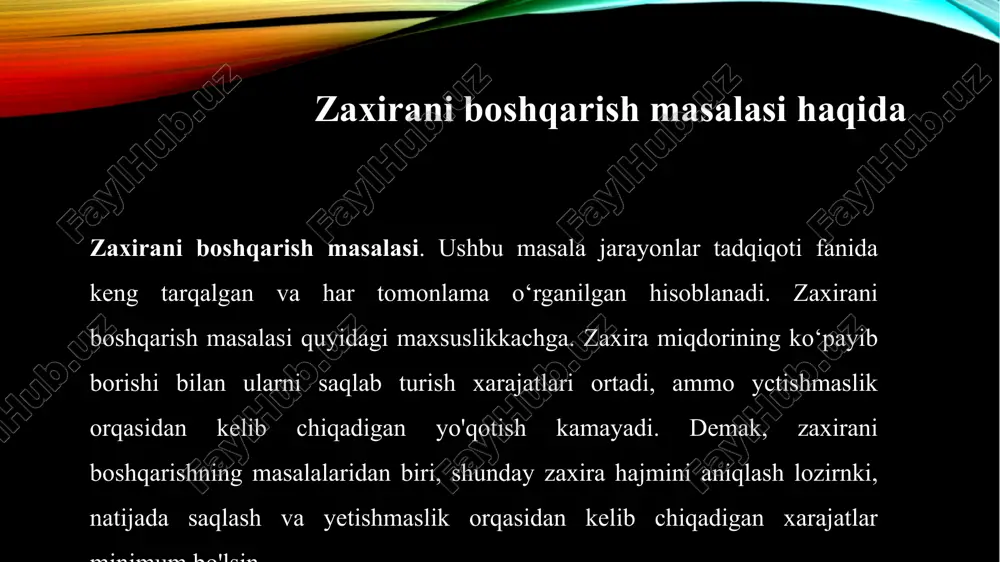 boshqarish masalalarini yechishning usullarini bayon qilish uchun keltirildi. bir xil turdagi mahsulot ishlab chiqaruvchi korxonaning reja davri n ta oraliqdan iborat bo'lsin (masalan, reja davr - yil, oraliqlar — oylar). lekin biror oraliqda ortib qolgan mahsulotdan keyingi oraliqlarda ham foydalanishga ruxsat berilgan bo'lib, faqat ularning saqlash xarajatlarini hisobga olish kerak bo'ladi. lckin shu bilan birga har bir oraliqda mahsulotga nisbatan talab (ehtiyoj) mavjud bo'lib, ularning hajmi avvaldan m a’lum manfiymas butun sonlar bilan ifodalanadi:, . foydalanilgan adabiyotlar: satim ov n.y., to(xtasinov m, m amadaliyev n.o. optimallashtirisl usullari. ( 0 ‘quv qo'llanma.) — t.: universitet, 2006. safaeva q., beknazarova n. operatsiyalarni tekshirishning matematik usullari. i qism, t.: "o'qituvchi". 1984. ii qism, - t.: 0 ‘qituvchi, 1990. to‘xtasinov m. m a tr its a li o ‘y in la r . m e to d ik k o 'rs a tm a . — t .: u n iv e rs ite …