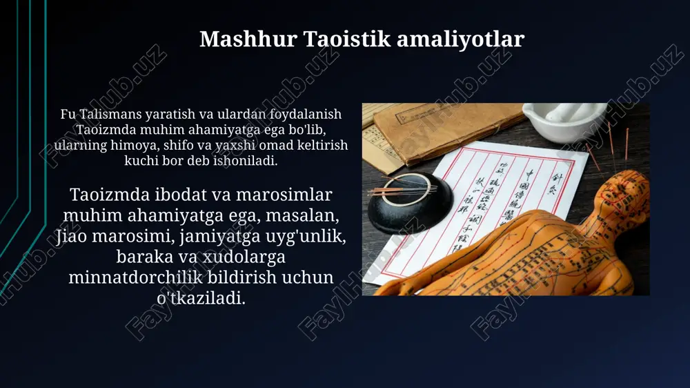 og'liq boshqa marosimlarga katta e'tibor beradi. taoizm va sog'liqni saqlash taoizmning ichki alkimyo amaliyotlari, masalan, neidan (ichki elixir), hayotiy kuchni (qi) oshiradi va 3 xazinani (jing, qi, shen) uyg'unlashtiradi. taoizmda sog'liqni saqlash 5 element nazariyasiga asoslanadi, bunda muvozanat kasallikning oldini oladi. akupunktur va o'simlik preparatlari bu muvozanatni tiklashga yordam beradi. taoizmga oid tanqidlar va bahslar ba'zi olimlar daoizmning asosiy matnlarining (masalan, daodejing) talqinini bahslashadilar, ularning ma'nosi va tarixiy konteksti bo'yicha turli xil fikrlar mavjud. ba'zi tanqidchilar daoizmning tashqi amaliyotlariga, xususan, abadiylikka erishishga urinishga shubha bilan qarashadi, ularning samaradorligi esa savol ostida qoladi. bugungi kunda taoistik ibodatxonalar va monastirlar bugungi kunda ko'plab taoistik ibodatxonalar, ayniqsa xitoyda, 20-asrning o'rtalarida zarar ko'rgan bo'lsa ham, asta-sekin tiklanish jarayonini boshdan kechirmoqda. ba'zi zamonaviy taoistik ibodatxonalar texnologiyadan foydalanib, onlayn kurslar va virtual ibodat orqali o'z ta'limotlarini 1000 dan ortiq talabalarga tarqatmoqda. xulosa bugungi kunda taoizm ikkita asosiy yo'nalishda namoyon bo'ladi: monastir an'analari, uzoq umr ko'rish amaliyotlari …