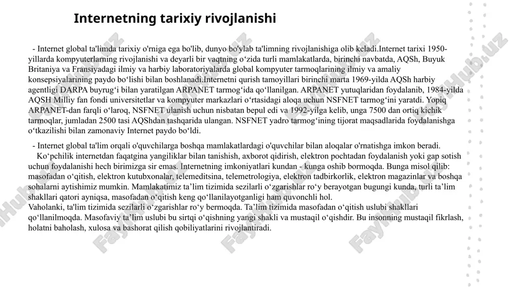 ashish imkoniyatlariga ega boʻladi. masofadan oʻqitish orqali ruhiy tinchlik va oʻqishni qulaylashtiradi. - masofaviy o'qitish o'quvchilarga zamonaviy ta'lim usullarini o'rganish imkonini beradi va dunyo bo'ylab ta'limga kirishni osonlashtiradi. onlayn platformalar va global taʼlim: ishonch yaratish 1 onlayn platformalar onlayn platformalar global ta'limda keng foydalanishga imkoniyat yaratadi, o'quvchilarga xavfsizlik va qulaylik ta'minlaydi. 2 global ta'limning o'rni global ta'lim internet va masofadan o'qitish orqali butun dunyo bo'ylab o'quvchilarga eng yaxshi ta'limni taqdim etadi. 3 ishonch yaratishning ahamiyati ishonch yaratish global ta'limda o'quvchilarning o'zlariga ishonch va motivatsiya olishiga yordam beradi, yangi bilimlarni qabul qilish uchun muhimdir. onlayn oʻqitishning oʻquvchilarga taʼlimga kirishni oshirish ta'limning yangi shakli o'quvchilarga universitetga kirish xalqaro hamkorlik onlayn o'qitish o'quvchilarga ta'lim olishda yangi imkoniyatlar ochadi, traditsion ta'lim usullaridan farqli tarzda bilim olishga imkon beradi. onlayn o'qitish bilan o'qish uchun avvalgi yil tanlovda ishtirok etmagan o'quvchilar uchun universitetga kirish imkoniyati oshiriladi, bu global ta'limning qo'shimcha imkoniyatlarini ochadi. onlayn o'qitish orqali o'quvchi …