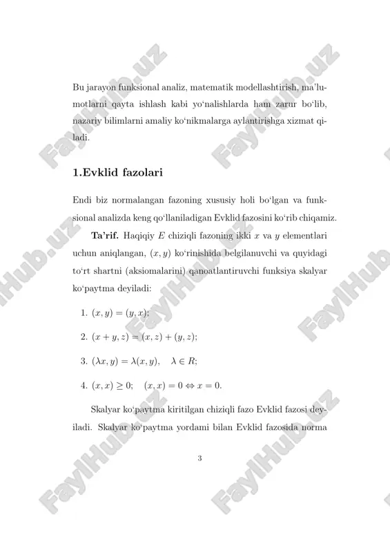 ta emas, ya’ni har qanday noldan farqli x va y uchun φ aniqlangan. agar (x, y) = 0 bo‘lsa, u holda φ = π 2 bo‘ladi. bu holda x va y elementlar ortogonal deb ataladi. agar x element a to‘plamning har bir elementiga ortogonal bo‘lsa, u holda x element a to‘plamiga ortogonal deyiladi va x ⊥ a kabi belgilanadi. a1 to‘plamining har bir elementi a2 to‘plamining ixtiyoriy elementiga ortogonal bo‘lsa, a1 va a2 to‘plamlar ortogonal dey- iladi va a1 ⊥ a2 bilan belgilanadi. evklid fazosining ayrim xossalarini keltiramiz. 1. agar xn → x va yn → y norma ma’nosida yaqinlashsa, 5 u holda (xn, yn) → (x, y) bo‘ladi (skalyar ko‘paytmaning uzluksizligi). isboti. koshi–bunyakovskiy tengsizligiga asosan |(xn, yn)−(x, y)| ≤ |(xn−x, yn)|+|(x, yn−y)| ≤ ∥xn−x∥∥yn∥+∥x∥∥yn−y∥, va yaqinlashuvchi {yn} ketma-ketlikning normasi chegar- alangan bo‘lgani uchun oxirgi ifoda nolga intiladi. 2. evklid fazosining ixtiyoriy x, y elementlari uchun ∥x+ y∥2 + ∥x− …