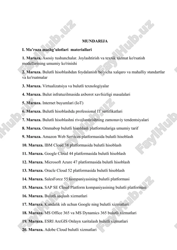 iga kirishning dinamik ravishda kengaytiriladigan usuli bo'lgan hisoblashdir [14]. boshqa ta'rifga ko'ra, "bulutli hisoblash" - bu sozlanishi mumkin bo'lgan hisoblash resurslarining umumiy hovuziga (ma'lumotlar tarmoqlari, serverlar, saqlash qurilmalari, ilovalar va it xizmatlari - birgalikda va alohida) talab bo'yicha hamma joyda va qulay tarmoqqa kirishni ta'minlash modelidir. zudlik bilan taqdim etilishi va minimal xarajat yoki provayderga qo'ng'iroqlar bilan chiqarilishi. bulutli hisoblashning turli modellari virtualizatsiya texnologiyalaridan foydalanishga asoslangan bo'lib, ular "jismoniy" komponentni "mantiqiy" komponentdan ajratish, resursdan foydalanishni haqiqiy apparatning murakkabligidan mavhumlashtirish imkonini beradi. server infratuzilmasiga kelsak, virtualizatsiya server resurslarini (xotira, protsessor, disk maydoni) keyinchalik virtual mashina yoki mijoz tomonidan talab qilinadigan konfiguratsiya mashinalarini yaratish bilan bitta katta resurs bulutiga birlashtirish imkonini beradi. gartnerning hisobotiga ko'ra (2017 yil fevral), bulutli jamoatchilik bulutli hisoblash bozoridagi vaziyat 2020 yilgacha keltirilgan.1.1 [[20]. 1.1-jadvalda dunyo bozorining bulutli hizmatlari prognozi (million dollar) 2016 2017 2018 2019 2020 outsourching bulutli xizmatlari biznes jarayonlari(bpaas) 40,8 43,8 47,6 51,7 56,2 amaliy …