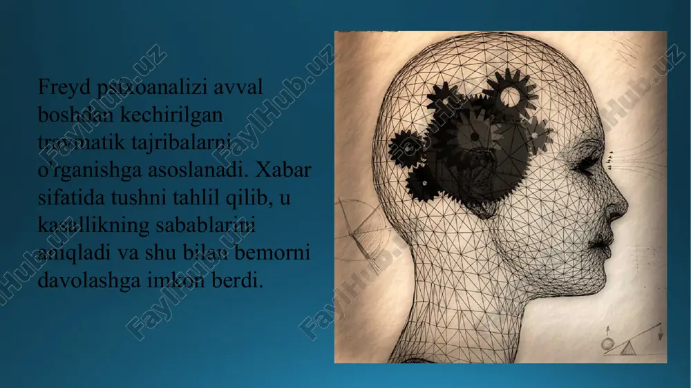 gan ong ijtimoiy muhitdagi xatti-harakatlarni tanlashni belgilaydi, lekin to'liq emas, chunki xulq-atvorni tanlashning o'zi ongsiz tomonidan boshlanishi mumkin. ong va ongsizlik antagonistik munosabatda bo'ladi, cheksiz kurashda ongsizlik doimo g'alaba qozonadi. psixika avtomatik ravishda rohatlanish printsipi bilan tartibga solinadi, u haqiqat printsipiga o'zgartiriladi va muvozanat buzilganda, ongsiz soha orqali qayta tiklash amalga oshiriladi. psixikaning strukturaviy modeli keyinchalik freyd psixikaning quyidagi tuzilishini taklif qildi: ego ("men") superego ("super-i") id ("bu") mudofaa mexanizmlari zigmund freyd psixikaning bir nechta himoya mexanizmlarini aniqladi: o'zgartirish reaktiv ta'lim kompensatsiya siqib chiqarish inkor qilish proyeksiya sublimatsiya ratsionalizatsiya regressiya psixikaning tuzilmalari va strukturaviy mexanizmlari freyd mavzuni tashkil etuvchi psixikaning uchta asosiy mexanizmi haqida gapiradi: nevrotik tuzilish asosida "inkor" (verneinung) yotadi, "tashlash" (verwerfung) - psixotik va "rad etish" (verleugnung) - buzuq. nevroz - inkor (verneinung) psixoz - tashlab yuborish (verwerfung) buzuqlik - rad etish (verleugnung) komplekslar - edip kompleksi - kastratsiya kompleksi - elektr majmuasi - pastlik kompleksi texniki - …