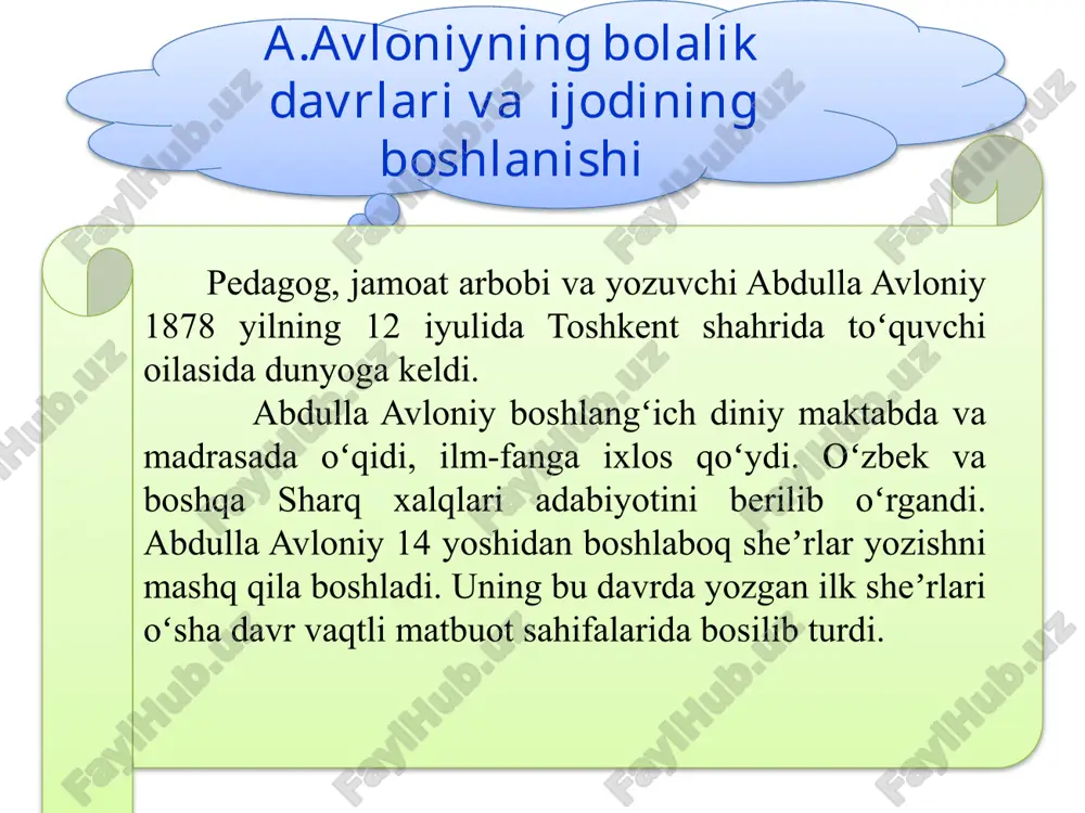 , turli o’quv yurtida dars berdi. a.avloniy - dramaturg abdulla avloniy oʻzbek adabiyotida drama janrining rivojlanishiga ham katta hissa qoʻshdi. uning “advokatlik osonmi?”, “pinak”, “biz va siz” pesalari adabiyotimiz tarixida oʻchmas iz qoldirdi. 10 a.avloniyning pedagogik qarashlari u insonga xos xulqni ikkiga ajratadi. “yaxshi xulqlar” deb nomlangan birinchi qismida 31 fazilat, “yomon xulqlar” deb atalangan ikkinchi qismda 20 illatga ta’rif beradi. “muxtasar tarixi anbiyot va tarixi islom” asari boshlang’ich maktablarning o’quvchilariga mo’ljallangan. 1933 yilda o’zbek maktablarining 7-sinfi uchun “adabiyot xristomatiyasi” tuzib, nashr ettirdi. u insonga xos xulqni ikkiga ajratadi. “yaxshi xulqlar” deb nomlangan birinchi qismida 31 fazilat, “yomon xulqlar” deb atalangan ikkinchi qismda 20 illatga ta’rif beradi. a.avloniy tarbiya haqida tarbiya biz uchun yo hayot - yo mamot - yo halokat, yo saodat – yo falokat masalasidir. tug’ib tashlash bilan bo’lmas bola, bo’lg’ay balo sizga, vujudi tarbiyat topsa bo’lur ul rahnamo sizga. temirchining bolasi tarbiyat topsa, bo’lur olim, buzilsa xulqi, …