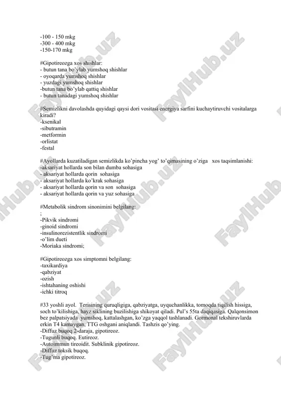 immun tireoidit. subklinik gipotireoz. -diffuz toksik buqoq. -tug’ma gipotireoz. #ikkilamchi gipotireozning eng ko’p uchraydigan sababini tanlang: -qalqonsimon bezning yallig’lanish kasalliklari - gipotalamus shikastlanishi - total strumektomiya -adenogipofiz ishemiyasi - qalqonsimon bezning autoimmun shikastlanishi #46 yoshli bemor 30 yildan beri qandli diabet bilan og’riydi. anamnezidan tez-tez gipo- va giperglikemik komalar kuzatiladi. glikemik tebranish 4,0 dan 18,5 mmol/l gacha. eng mos keluvchi tashxisni belgilang: -qd 1tur, og’ir daraja, labil kechishi - qd 1tur, o’rta og’ir daraja, dekompensatsiya bosqichi - qd 2 tur, o’rta og’ir daraja, turg’un kechishi - qd 1tur yengil kechishi - qd 2 tur og’ir shakli #qandli diabetda metformin guruhi vositalarini qo’llashga eng mos qarshi ko’rsatmani belgilang: - semizlikda - qandli diabetning 2-turida -qandli diabetning 1-turida - metabolik sindromda -glyukozaga tolerantlik buzilganda #manifest birlamchi gipoteriozga quyidagi qaysi gormonal holat xos: - yuqori ttg va yuqori t4 - yuqori ttg va me’yoriy t4 - past ttg va past t4 -yuqori ttg …