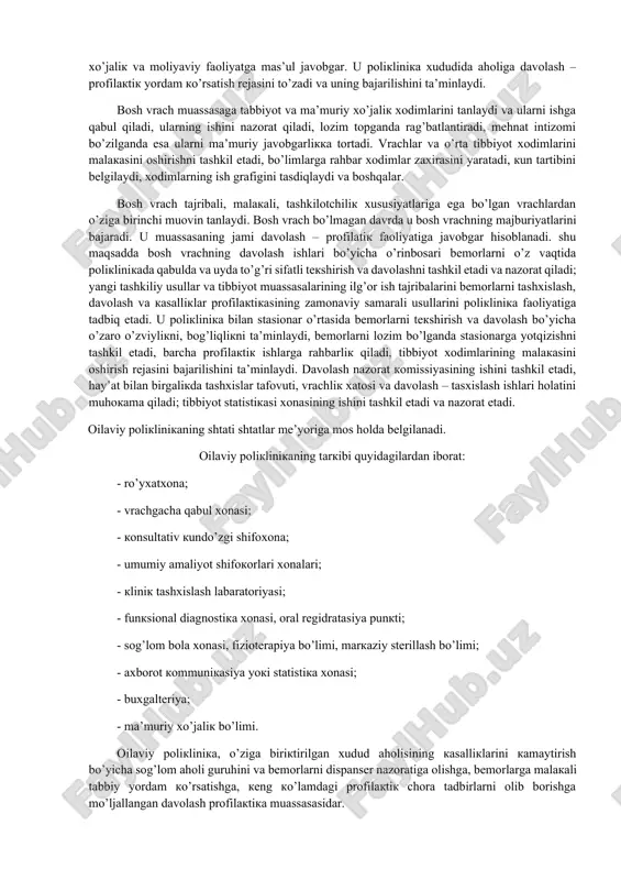 asiyadan o’tkazish; 1. ambulatoriya va poliklinikalarning moddiy texnik bazasini mustahkamlash; 1. dispanser ishlarini amalga oshirish uchun shanba kunlaridan keng foydalanish; 1. tibbiyot sanitariya qismlarining ishlarini korxonalarning ish rejimlariga monand ravishda tashkil etish; 6. aholiga dam olish va bayram kunlari kerakli tibbiy yordamni olish imkoniyatini yaratish; 7.vrachlar maslahat komissiyasining ishini ertalabki va kechqurungi soatlarda va shanba kunlari xam tashkil qilish va kasallik varaqalarini o’z vaqtida yopilishini nazorat qilish; 8. ilg’or tajriba maktablariga ega bo’lgan ambulatoriya va poliklinikalarning ishini o’rganish, mehnatni ilmiy asosida tashkil qilishni keng qo’lamda qo’llash. 9. poliklinikalar faoliyatida sog’lom turmush tarzini targ’ib qilishga, kasallik xavf xatarlarini keltirib chiqaruvchi omillar guruhlarini aniqlashga katta ahamiyat berish. 10. ambulatoriya – poliklinika xizmatini yanada yaxshilash va ishini takomillashtirish maqsadida poliklinika va kasalxonalar o’rtasidagi o’zviy bog’lanishni yanada rivojlantirish. oilaviy poliklinika ishini tashkil etish hozirgi kunda respublikamiz shaharlarida oilaviy poliklinikalarni tashkil etishga katta ahamiyat berilmoqda. oilaviy poliklinika aholiga stasionargacha bo’lgan birlamchi tibbiy yordam ko’rsatishga mo’ljallangan …
