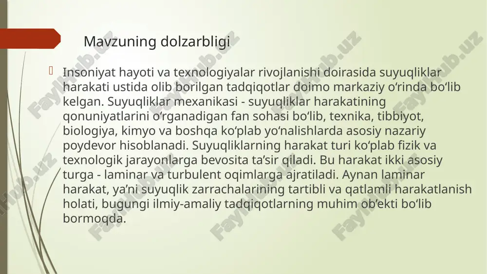 arorligini ta’minlaydi. quvur ichida uzunligi va radiusi bo‘lgan elementar naycha ajratib olamiz ( 1.1-rasm). bu naychaning yuzalari bo‘lgan 1-1 kesimi bo‘yicha bosim, 2-2 bo‘lgan kesim bo‘yicha esa bosim ta'sir qilsin. radiusi bo‘lgan tekshirilayotgan quvurdagi harakat gorizontal va tekis bo‘lsin. u holda elementar naychaga ta'sir qilayotgan kuchlar quidagicha 1.1-rasm. laminar harakatda tezlikning quvur kesmi bo‘yicha taqsimlanishi 1.2. laminar oqimning fizik xususiyatlari 1-1 kesimdagi bosim kuchi 2-2 kesimdagi bosim kuchi ishqalanish kuchi dan iborat. demak, laminar harakat vaqtida gidravlik qiyalik va bosimning pasayishi -reynolds soniga bog'liq ekan. ko‘rinishdagi miqdorni gidravlikada bilan belgilanadi: va ishqalanish qarshiligi koeffitsiyenti deb ataladi. tekis tirqishdagi laminar oqim tekis tirqishda ham laminar oqim yuzaga keladi. bu holatda suyuqlikning ikki devor orasidagi tezlik parabola shaklida taqsimlanadi. tirqish balandligi va bosim farqi asosida sarf aniqlanadi. tezlik maksimal qiymatga tirqishning o‘rtasida ega bo‘ladi. harakat nazariyasi orqali energiya sarfi va bosim yo‘qotishlari aniqlanadi. bu ko‘plab texnik qurilmalarda qo‘llaniladi. tahlil: bu formula tekis …