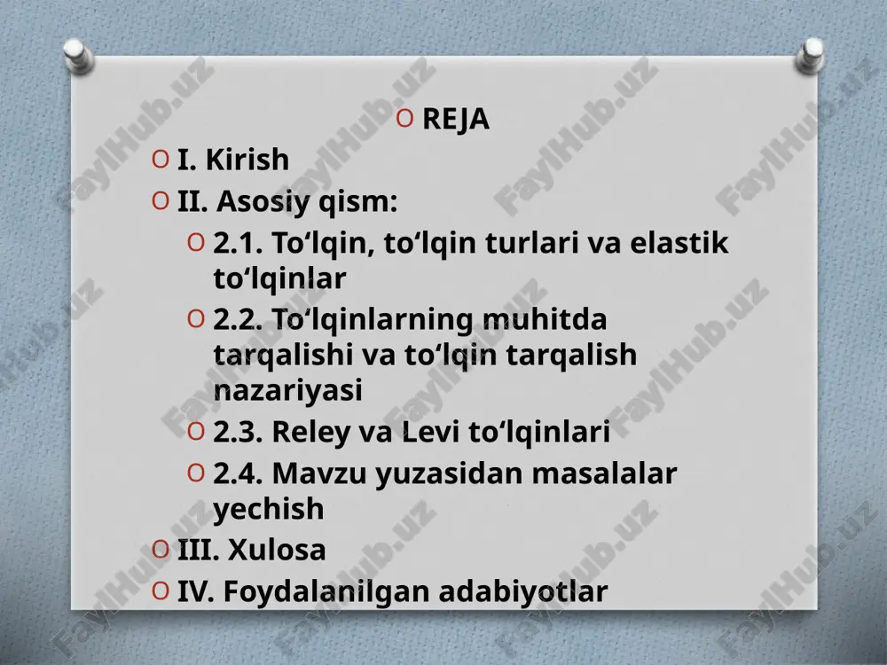 lqinlari sifatida ham tanilgan, elastik materiallarda sirt to'lqinining boshqa turini ifodalaydi. xulosa xulosa qilib aytadigan bo'lsak, elastik to'lqinlarning tarqalishi nazariyasi asoslarini o'rganish turli xil ilmiy sohalar haqida qimmatli tushunchalarni beradi. reley to'lqinlari, sirt seysmik to'lqinlari sifatida, seysmologiyada hal qiluvchi rol o'ynaydi, zilzilalarni tushunishga yordam beradi va yer qobig'ining tavsifiga hissa qo'shadi. kuchlanishlar nazariyasi, deformasiyalar nazariyasi, kuchlanish va deformasiyalar orasidagi bog’lanishlar, elastik jism muvozanat va harakat tenglamalari va ularni yechish usullari, va ushbu mavzularga oid masalalarni matlab, maple mathtype kabi dasturlarida yechishni o’rgandim. deformatsiyalanuvchi qattiq jism mexanikasining rivojlanish bosqichlari va yo‘nalishlari, fanning hozirgi kundagi holati, fanning kelgusida rivojanish istiqbollari, elastiklik xususiyatiga ega bo’lgan jismlarda tashqi kuchlar ta’siri kabi hodisalari haqida tasavvurga ega bo’ldim. elastik to'lqin hodisalarini har tomonlama o'rganish nafaqat seysmik hodisalar kabi tabiiy hodisalar haqidagi tushunchamizni kengaytiribgina qolmay, balki materialshunoslik, yer osti boyliklarini o'rganish va statistik fizikada qo'llanilishi uchun yo'l ochadi. foydalangan adabiyotlar 1. rabotnov yu.n. mexanika deformiruyemogo tverdogo tela. …