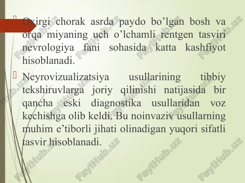 aroq miya ustuni, miyacha, chakka bo’lagidagi ishemiya o’choqlarini aniqlash imkonini beradi. bosh miya mrt si mrt ga qarshi ko’rsatma absolyut: ko’z kosasida metall buyum bo’lganda; gemopoetik anemiya (kantrastlashda); ferromagnit metall bilan qisqich qo’yilgan kalla ichi anevrizmalari. nisbiy : boshqa a’zo va to’qimalarda metall parchalari bo’lishi; tashqi ritm yurituvchi; homiladorlik; og’ir klaustrafobiya; noferromagnit metall bilan qisqich qo’yilgan kalla ichi anevrizmalari. arnold-kiari anomaliyasi asosan umurtqa pog’onasi sagittal kesmasi mr tomogrammasida qimmatli ma’lumotlar olinadi. bunda osteoxondrozdagi struktur, qisman umurtqa va uning bog’lovchi apparati, umurtqalararo disklar, ularning siljishi va qattiq miya pardasiga ta’siri, orqa miya, ot dumi, hamda umurtqa ichi paydo bo’lgan hosilalari, gidromiyeliya, gematomiyeliya va boshqa ko’plab patologik jarayonlar paydo bo’lishi ko’riladi. kompyuter va magnit-tezonans tomografiya umurtqa diski va tanasidagi patologik o’zgarishlarni ko’rsatishga imkon beradi. 30-50% holatlarda klinikasi bo’lmagan umurtqada o’zgarish aniqlanadi aorta yoyi shoxlarining subtraksion digital rentgenkontrast angiografiyasi o’ng ichki uyqu arteriyasi quyilish joyi stenozi o’ng ichki uyqu arteriyasi quyilish joyi stenozi …