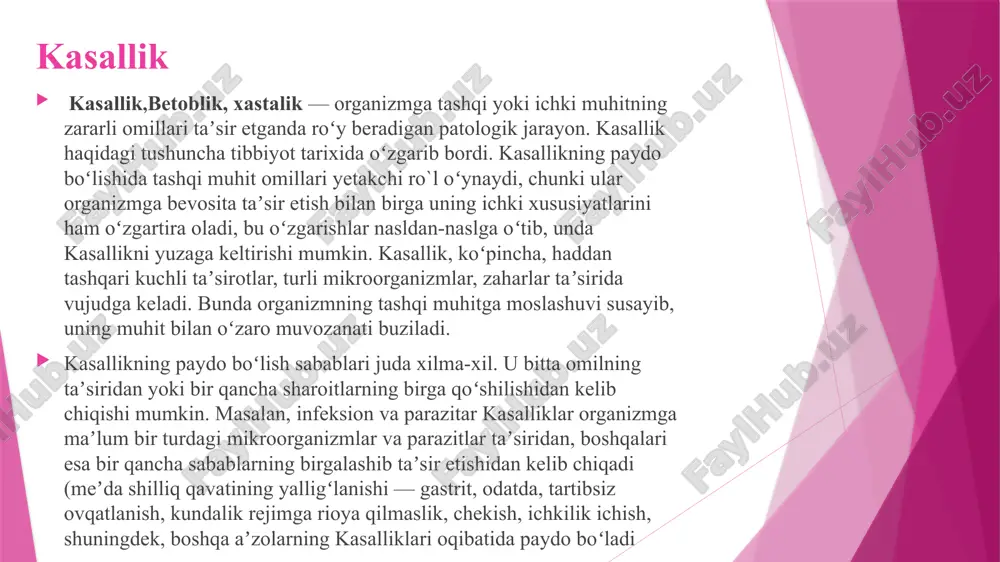 ual ehtiyoj bilan belgilanadi. shaxs, mohiyatiga koʻra, madaniylashgan, ong, aql orqali faoliyatini boshqarish imkoniyatiga ega boʻlgan, ijtimoiy-tarixiy anʼana, turmush tarzi va tajribaga asoslangan muayyan avlodlar vakili. shaxs fenomeni inson olamining butun murakkabliklarini oʻzida mujassam etadi. uni har tomonlama oʻrganish maqsadida turli davrlarda tadqiqot olib borilgan. ayniqsa, sharqda u yuksak axloqiymaʼnaviy meʼyorlar orqali tushunilgan va oliy xilqat, bebaho qadriyat deb hisoblangan. inson shaxs sifatida komillikka intiladi, hayot mazmunini boyitadi, shu asosda kishilik jamiyatining goʻzal va farovon boʻlishiga ehtiyoj sezadi. shaxsning hayot tarzi bevosita jamiyat hayotiga daxldor va hayot neʼmatlaridan toʻla foydalanishga haqli. shaxs tushunchasi inson tushunchasining yuksak koʻrinishi, oliy maqomidir. har qanday odam tabiiy mavjudligi, yashash huquqi va hayot qadriyatiga ega boʻlgan jonzotdir. biroq u hamma vaqt ham toʻlaqonli shaxs boʻlib yetilmasligi mumkin. psixogigena "psixogigiyena, psixoprofilaktikadan farqli o'laroq, tegishli tabiiy va ijtimoiy muhitni, tegishli rejimni va turmush tarzini tashkil qilish orqali sog'liqni saqlash, mustahkamlash vayaxshilashning asosiy maqsadi psixoprofilaktika - bu ruhiy …