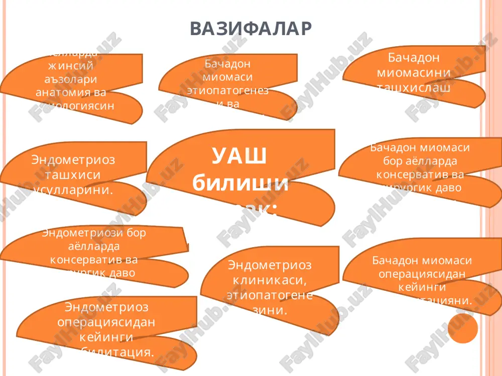 asi sinflanishi tashxis follikulyar kista sariq tana kistasi paraovarial kista seroz kistoma mutsinoz kistoma brenner o'smasi fibroma granulez xujayrali kistoma (folikuloma) tekoma: tuxumdon teka to'qimasidan kelib chiqadi, estrogen chiqaruvchi. shishlarning 3,8% tashkil qiladi. 60 yoshdan keyin uchraydi. birtaraflama bo'lib kattaligi chaqaloq boshigacha etishi mumkin. yumaloq yoki oval shaklda, zich konsistentsiyali, astsit xarakterli. yomon sifatli kechishi yoshroq davrda kuzatiladi. uash statsionarga yuboradi. androblastoma (adenoblastoma): dermatoid kista: teratoblastoma: bolalik va o'smirlik paytida kelib chiqadi va yomon sifatli o'smalar ichida 2-2,5% tashkil etadi. qon tomirlar ko'pligi sababli o'sma kapsulasi ostiga yoki qlbig'iga qon quyilishi kuzatiladi. astenik tana tuzilishiga ega qizlarda ko'p kuzatiladi. shikoyat bildirishmaydi, tekshiruv paytida kichik chanoq xarakatchan (oyoqchasi sabab) xosila aniqlanadi. kapsulasi yorilishi mumkin, zich konsistentsiyali tugunli yuzaga ega. astsit og'ir xollarda kuzatilib, metostaz tez kuzatiladi va gemotogen kelib chiqadi. uash statsionarga operatsiyaga yuboradi. disgerminoma: tuxumdon o'smalarini tekshirish usullari: differentsial tashxis simptomlar kasallik og'riqlar bachadondan tashqari xomiladorlik o'z o'zidan xomila tashlash …