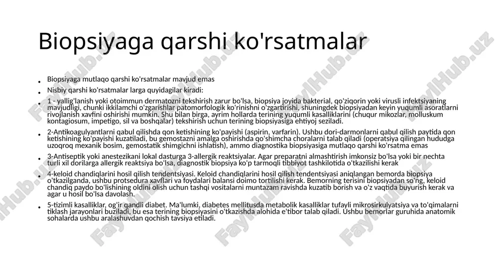 lan amalga oshiriladi. insizion biopsiya u katta formatsiyaning bir qismini olish uchun va agar kerak bo'lsa, teri osti yog 'to'qimalari bilan terining to'liq qatlamli biopsiyasini olish uchun ishlatiladi. ko'pincha panikulit va dermatozlarni teri tugunli elementlarini aniqlash uchun ishlatiladi. mahalliy infiltratsion anesteziya ostida amalga oshiriladi, yara qavatma-qavat tikish bilan yopiladi; agar kerak bo'lsa, biopsiya jarroh tomonidan amalga oshiriladi. pichoq biopsiyasi (oldirish biopsiyasi, ustara biopsiyasi) - bu epidermis (oddiy lentigo) yoki terining sathidan yuqoriga ko'tarilgan elementlar (fibroepitelial polip, seboreik keratom) tarkibidagi eksizatsiyalovchi birikmalar uchun eng yaxshi usuldir. epidermisni, dermisning papiller qatlamini, xamda - retikulyar qatlamning kichik qismini olishga imkon beradi. u "limon po'sti" singari intradermal anesteziya ostida o'tkaziladi. ushbu biopsiya texnikasi tikuvni talab qilmaydi. kuretaj u epidermis ichida joylashgan neoplazmalarni olib tashlash uchun ishlatiladi, masalan, seboreik keratoz, aktinik keratoz, vulgar sogallar bilan. olingan material patomorfologik tekshiruvga yuborilishi mumkin. "limon po'sti" tipidagi intradermal anesteziya qo'llaniladi. hech qanday tikuv kerak emas. qaychi bilan kesish …