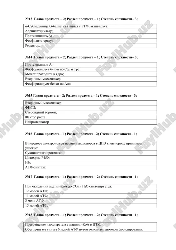 oxondriy; zamedlyaet skorost okisleniya palmitinovoy kisloti v atsetilkoa; snijaet skorost okisleniya nadh v tspe; ingibiruetfosfofruktokinazu; №22 glava predmeta – 2; razdel predmeta – 1; stepen slojnosti– 2; tdf: koferment pdk; prosteticheskaya gruppa nadh-degidrogenazi; proizvodnoe vitamina v2; aktivatorkinazi pdk; №23 glava predmeta – 2; razdel predmeta – 1; stepen slojnosti– 2; reaktsii opk uskoryayutsya: pri snijenii sootnosheniya nadh/nad+; pri golodanii; pri snijenii fizicheskoy aktivnosti skeletnix mishts; pri povishenii sootnosheniya nadh/nad+; №24 glava predmeta – 2; razdel predmeta – 1; stepen slojnosti– 2; v tsitratnom tsikle a-ketoglutarat: obrazuetsya na etape prevrasheniya tsitrata v suktsinil-koa; prevrashaetsya v suktsinat; ispolzuetsya kak substrat akonitazi; dekarboksiliruetsya pri uchastii v6; №25 glava predmeta – 2; razdel predmeta – 1; stepen slojnosti– 2; pri otravlenii tsianidami: proisxodit ostanovka dixaniya i prekrashaetsya sintez atf; bolshaya chast energii okisleniya substratov v tspe rasseivaetsya v vide tepla; skorost okisleniya suktsinata ne izmenyaetsya; elektroximicheskiy potentsial membrani povishaetsya №26 glava predmeta – 2; …