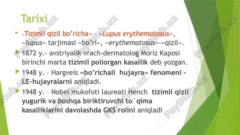 tacha doza– 1-1,5mg/kg; b)puls-terapiya metilprednizolon (500-1000 mg № 3) 2.sitotatiklar a) siklofasfan 2-2,5 mg/kg/sut. per os yoki 200-400 mg/hafta/m,o b) azatioprin 2-2,5 mg/kg/sut. – siklofasfan qabul qilishi iloji bo’lmaganda 3. nyqv 4. antikoagulyantlar enoksiparin (kleksan) varfarin 2,5-5 mg kuniga. 5. antiagregantlar kurantil 6. plazmoferez e’tiboringiz uchun raxmat! image1.jpeg image2.jpeg image3.png image4.jpeg image5.jpeg image6.jpeg image7.jpeg image8.jpeg image9.jpeg image10.jpeg image11.jpeg image12.jpeg image13.jpeg image14.jpeg image15.jpeg image16.jpeg image17.png image18.png image19.jpeg image20.jpeg image21.jpeg image22.jpeg 07-08-0073 99-08-0017 systemic lupus erythematosus: photosensitive erythematosus rash, upper back 99-08-0024 /docprops/thumbnail.jpeg