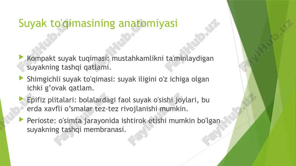 'qimalarining shakllanishi bilan bog'liq bo'lgan ortib borayotgan zichlik (zichlanish) joylari ko'rsatilgan. davolash jarrohlik aralashuvi: oyoq-qo'llarni saqlab qolish yoki og'ir holatlarda amputatsiya bilan o'smani radikal rezektsiya qilish. endoprotezlar: o'sma olib tashlanganidan so'ng, oyoq-qo'llarning funktsiyasini saqlab qolish uchun endoprotez yordamida suyakni qayta tiklash mumkin. kimyoterapiya: yuing sarkomasi va osteosarkomasi davolashning asosiy usuli. jarrohlikdan oldin o'simtani qisqartirish uchun neoadjuvan kimyoterapiya va takrorlanishning oldini olish uchun operatsiyadan keyin yordamchi kimyoterapiya qo'llaniladi. radiatsion terapiya:yuing sarkomasini davolash uchun ishlatiladi, chunki u radiatsiyaga sezgir yoki jarrohlik mumkin bo'lmagan hollarda. protezdan keyingi kurinish prognoz osteosarkoma: kasallikning lokalizatsiyalangan shakli uchun besh yillik yashash darajasi taxminan 60-70% ni tashkil qiladi. metastazlar mavjud bo'lganda (ayniqsa o'pkada) prognoz yomonroq. yuing sarkomasi: mahalliy o'smalar uchun besh yillik yashash 65-75% ni tashkil qiladi, ammo metastaz bilan kamayadi. profilaktika muntazam tekshiruvlar - osteosarkoma xavfi yuqori bo'lgan odamlar uchun (masalan, irsiy genetik sindromi bo'lganlar yoki ilgari radiatsiya terapiyasidan o'tganlar) muntazam tekshiruvlar va suyak sog'lig'ini kuzatish muhimdir. …