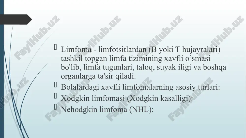 tomonlama amalga oshiriladi. immunoterapiya: maqsadli dorilar (masalan, rituksimab) ba'zi hollarda davolash samarasini kuchaytirish uchun qo'llaniladi. prognoz bolalarda hodgkin limfoma uchun prognoz odatda qulaydir dastlabki bosqichlarda (i-ii) omon qolish darajasi 90-95% ga etadi. keyingi bosqichlarda (iii-iv) va to'g'ri davolash bilan 5 yillik omon qolish darajasi 80-85% ni tashkil qiladi. tizimli simptomlar (b-simptomlar) mavjud bo'lganda prognoz yomonlashadi, ammo zamonaviy kimyoterapiya va radiatsiya terapiyasi sxemalari hatto kechki bosqichlarda ham yaxshi natijalarga erishishga imkon beradi. noxodgkin limfomalari (hl) (noxodgkin limfomalari hl) limfa tizimining xavfli o'smalari bo'lib, ularning hujayrali kelib chiqishi, klinik ko'rinishi va kursi bilan xodgkin limfomasidan farq qiladi. ular agressiv, tez o'sadigan o'smalardir, ammo o'z vaqtida tashxis qo'yish va davolash bilan ko'p hollarda bolalar uchun prognoz qulaydir. bolalardagi bu limfomalar limfotsitlarga - immun tizimining hujayralariga ta'sir qiluvchi xavfli o’smallarning heterojen guruhidir. ushbu o'smalar b hujayralari yoki t hujayralaridan kelib chiqishi mumkin. virusli infektsiyalar: epstein-barr virusi (ebv): berkitt limfomasining rivojlanishi bilan chambarchas bog'liq. oiv …