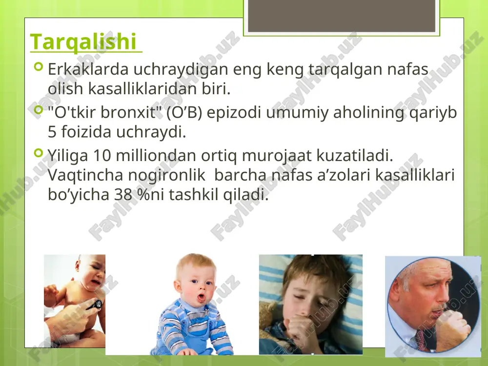 larning yo’qligi (fizikal va rentgenologik tekshiruvda); - yo’tal bilan kechadigan boshqa kasalliklarni inkor qilganda. qiyosiy tashxislash qiyosiy tashxisot uchun asos - yo’tal va intoksikastsiya belgilari hisoblanadi 1. pnevmoniya 2. o’sok qo’zish davri 3. ko’k yo’tal 4. o’pka sili 5. bronxoektatik kasallik 6. kasb kasalliklari 7. allergik kasalliklar o’tkir bronxitni davolash 1. bu ambulatoriya sharoitida amalga oshiriladi (kasalxonaga yotqizish shoshilinch xizmatiga bog'liq). 2. ko’p miqdorda suyuqlik ichish. 3. antiviral terapiya: - amantadin, remantadin; - interferon tomir ichiga; interferon induktorlari (arbidol, amiksin); - neyraminidaz inhibitörleri (zanamivir, oseltamivir); 4. antibiotiklar (makrolidlar) – yiringli balg'am, intoksikatsiya belgilari, tana haroratining ko'tarilishi bo’lsa; 5. balg’am ko’chiruvchilar: termopsis, acc, ambroksol, lazolvan. 6. qiynovchi yo’talda- kodein, dekstrometorfan; 7. bronxial obstruktiv sindromda, ingalyatsion m-xolinolitik (berodual). 8. xantal plasterlari, ko'krak qafasiga quruq issiqlik. o’tkir bronxit kechishi odatda – 3 haftada tuzalish bilan yakunlanadi . cho’zilgan kechishida – 3 haftadan ortiq davom etadi. surunkali bronxit 2 yil davomida 3 oy to’xtovsiz …