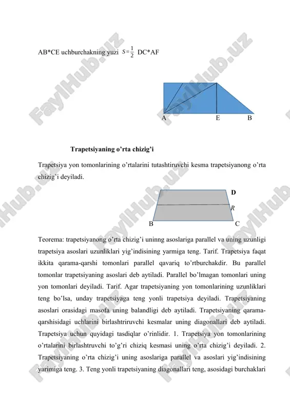 trapetsiyaga bo’ladi. 5) trapetsiya tomonlarining o’rtalari paralellogramning uchlari bo’ladi. 6) teng yonli trapetsiya tomonlarining o’rtalari rombning uchlari bo’lib xizmat qiladi. 7) trapetsiyaning yuzini teng ikkiga bo’luvchi va asoslariga parallel to’g’ri chiziq kesmasining uzunligi ga teng. 8) trapetsiyaning asoslari parallel va uning diagonallarining kesishgan nuqtasidan o’tgan to’g’ri chiziq kesmasining uzunligi a ga teng. s =* ha  b (a  b  c  d )(a  b  c  d )(a  b  c  d )(a  b  c  d ) 4(a  b) s = 1 4 (a  b  d  d )(a  b  d  d )(a  b  d  d )(d  d  a  b) 1 2 1 2 1 2 1 2 s = a  b (a  c  d )(a  c  d )(a  c  d )(c …