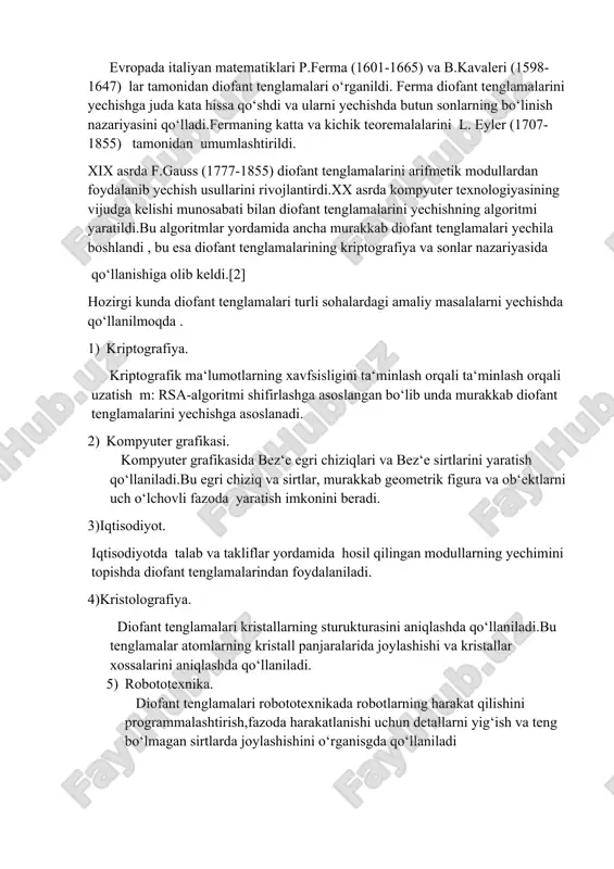 aratish imkonini beradi. 3)iqtisodiyot. iqtisodiyotda talab va takliflar yordamida hosil qilingan modullarning yechimini topishda diofant tenglamalarindan foydalaniladi. 4)kristolografiya. diofant tenglamalari kristallarning sturukturasini aniqlashda qo‘llaniladi.bu tenglamalar atomlarning kristall panjaralarida joylashishi va kristallar xossalarini aniqlashda qo‘llaniladi. 5) robototexnika. diofant tenglamalari robototexnikada robotlarning harakat qilishini programmalashtirish,fazoda harakatlanishi uchun detallarni yig‘ish va teng bo‘lmagan sirtlarda joylashishini o‘rganisgda qo‘llaniladi bugungi kunda diofant tenglamalarini o‘rganish matematikaning turli sohalarida , malekulyar fizika va organik ximiyada, ehtimollar nazariyasida keng qo‘llanilmoqda .[3] adabiyotlar ro‘yxati . 1. damenger . b.a .” zadachi v tselix chislax ” uchebnoe posobie om gpu , 2020 g. 2. allakov .i “ sonlar nazariyasidan misol va masalalar”, “surxon-nashr” 2020 y 3. ayupov sh.a. va boshqalar. abstrakt algebra. toshkent. “uzmu”, 2021. 245 bet. image1.wmf oleobject1.bin æ chiziqli diofant tenglamalari va ularning tadbiqlari annotatsiya: ushbu maqolada qadimgi grek matematigi diofant aleksandrskiy nomi bilan bo‘langan diofant tenglamalari va unig yechimga ega bo‘lish shartlari hamda ularning amalda qo‘llanishiga doir …
