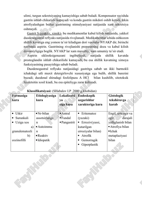 slning ichki faktoriga ishlab chikarilsa, unda autoimmun gatrit pernitsioz anemiya bilan kushilib keladi. autoimmun jarayon bilan rivojlanuvchi gastritlarning sabablari unchalik anik emas. bunga organizmga moyillik bulishi yoki genetik faktorga asoslangan bulishi mumkin. bunda shillik kavatning arzimagan zararlanishi autoimmun jarayonning kuzgalishiga koplovchi xujayralar ulimiga sabab buladi, natijada oshkozon shillik kavatining atrofiyasi va asosiy bezlarning ulimi, turgun sekretsiyaning kamayishiga sabab buladi. kompensator ravishda gastrin ishlab chikarishi kupayadi va konda gastrin mikdori oshib ketadi, lekin atrofiyalashgan bezlar gastrinning stimulyasiyasi natijasida xam sekretsiya oshmaydi. gastrit s (reaktiv, ximik)- bu medikamentlar kabul kilish natijasida, yakkol duodenogastral reflyuks natijasida rivojlanadi. medikamentlar ichida oshkozon shillik kavatiga eng yomon ta’sir kiladigan dori vositalar nyakp dir, birinchi navbatda aspirin. gastritning rivojlanishi preparatning doza va kabul kilish davomiyligiga boglik. nyakp lar xam maxalliy, xam umumiy ta’sir etadi. aspirin siklooksigenazani ingibirlaydi, natijada shillik kavatda prostoglandin ishlab chikarilishi kamayadi, bu esa shillik kavatning ximoya funksiyasining pasayishiga sabab buladi. duodenogastral reflyuks natijasidagi gastritga …