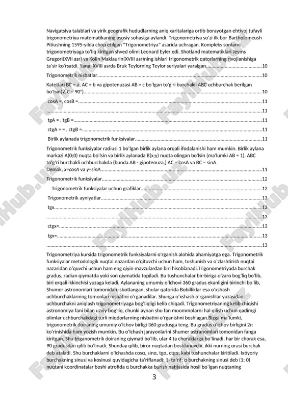im muassasalarida matematika fanini o‘qitish jarayoni, xususan, trigonometriya bo‘limidagi ifodalarni soddalashtirishga doir mavzularni o‘zlashtirish holati va o‘quvchilarning tayyorgarlik darajasi hisoblanadi. kurs ishining predmeti. trigonometrik ifodalarni soddalashtirishga doir misollarni yechish metodikasi, ya’ni bu jarayonda qo‘llaniladigan usullar, yondashuvlar va o‘quvchilarda mavzuni o‘zlashtirishga yordam beruvchi pedagogik vositalardir. kurs ishi mavzusini o’rganganlik darajasi. matematika fanlarini o‘qitishda ayniy shakl almashtirish ahamiyati chuqur o’rganib chiqildi. kurs ishining vazifalari. kurs ishimizning maqsadidan kelib chiqib, quyidagi vazifalar qo’yilgan. 1. trigonometrik ifodalarni soddalashtirishga oid nazariy bilimlarni tahlil qilish. 1. asosiy formulalar va identikliklarni amalda qo‘llashni o‘rganish. kurs ishi tuzilishi va tarkibi. kurs ishi “trigonometrik ifodalarni soddalashtirishga doir misollar yechish metodikasi” mavzusida yozilgan bo‘lib, kirish, asosiy qism 2 bobdan iborat. 1-bob 2 paragrafdan, 2-bob ham 2 paragrafdan tashkil topgan. ish xulosa, takliflar, foydalanilgan adabiyotlar ro‘yxati va ilovalardan iborat. bunda avvalo nazariy qism tushunarli va sodda tarzda yoritilgan. i.bob. trigonometrik ifodalarni soddalashtirishning nazariy asoslari 1.1 trigonometrik funksiyalar va ularning xossalari trigonometriya …