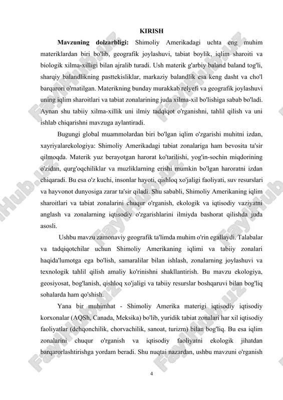 h, grafik va umumlashtirish kabi muhim geografik ko'rinishini yaratish. kurs ishi ilmiy-nazariy mustahkamlangan holda, amaliy yordam ham foydali bo'lishi maqsad qilingan. i bob: shimoliy amerikaning tabiiy-geografik o'rni va iqlimga taʼsir etuvchi chegarasi 1.1. geografik joylashuvning o'rganilishi shimoliy amerika - yerning gʻarbiy yarimsharida joylashgan qitʼa, gʻarbiy yarimsharning shimoliy qismidagi materik, amerika qitʼasining shimoliy yarmi. shimoldan shimoliy muz okeani chuqur kirib borgan gudzon qoʻltigʻi bilan, sharq va janubi-sharqdan atlantika okeani, gʻarbdan tinch okeani va ularning qoʻltiqlari bilan oʻralgan. chekka nuqtalari: shimoldada merchison burni (71°50 shimoliy kenglik.), gʻarbda shahzoda wales burni (168°gʻarbiy uzunlik.), sharqda sent charlz burni (55°40° gʻarbiy uzunlik.), janubda panama boʻyni orqali janubiy amerika materigi bilan tutash. shimoliy amerikaga markaziy amerikani ham kiritadilar. maydoni 20,36 million km², orollari bilan 24,25 million km². yirik orollari: grenlandiya, kanada arktika arxipelagi, vestindiya va materikning gʻarbiy qirgʻoqlari yaqinidagi orollar: aleut, qirolicha charlotte, vankuver va boshqalar yirik yarim orollari: shimoldada butiya, melvill, sharqsa labrador, florida, yukatan, …