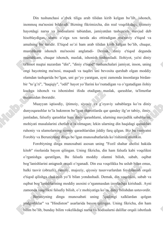 n ibodatning barcha ko’rinishlari shakllantirganligini va tangrilarning ustun yoki qahramon bo’lgan ajdodlardan tanlanganligi fikrini ilgari suradi; har bir dinda ajdodlarga alohida e'tibor qaratilganligiga ishora qiladi. din tushunchasi o’zbek tiliga arab tilidan kirib kelgan bo’lib, ishonch, inonmoq ma'nosini bildiradi. bizning fikrimizcha, din real voqelikdagi, ijtimoiy hayotdagi narsa va hodisalarni tabiatdan, jamiyatdan tashqarida mavjud deb hisoblaydigan, ularni o’ziga xos tarzda aks ettiradigan ma'naviy e'tiqod va amalning bir turidir. e'tiqod so’zi ham arab tilidan kirib kelgan bo’lib, chuqur, mustahkam ishonch ma'nosini anglatadi- demak, diniy e'tiqod deganda mustahkam, chuqur ishonch, maslak, ishonish tushuniladi. ilohiyot, ya'ni diniy ta'limot nuqtai nazardan "din", "diniy e'tiqod" tushunchalari jamiyat, inson, uning ongi hayotning ma'nosi, maqsadi va taqdiri uni bevosita qurshab olgan moddiy olamdan tashqarida bo’lgan, uni go’yo yaratgan, ayni zamonda insonlarga birdan-bir "to’g’ri", "haqiqiy", "odil" hayot yo’llarini ko’rsatadigan va o’rgatadigan ilohiy kuchga ishonch va ishonishni ifoda etadigan maslak, qarashlar, ta'limotlar majmuidan iboratdir. muayyan iqtisodiy, ijtimoiy, siyosiy va g’oyaviy sabablarga …