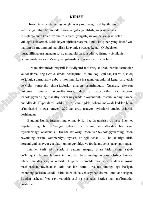 giyasining oxirgi erishgan yutuqlaridan biri dinamik veb-sahifalardir. dinamik veb-sahifalar cgi dasturlar bilan bevosita bog’liq bo‘lib, cgi dasturlar serverda joylashgan va server imkoniyatlarini ishlatuvchi dasturlardir. ular serverga kelgan so‘rovlarni qayta ishlaydi va qayta ishlash natijasida yangi veb-sahifa hosil bo‘ladi. veb-sahifa internet tarmoqlarida joylashgan fayllar to‘plami bo‘lib, ularni soni soat sayin ko‘payib bormoqda. bu fayllarda ma'lumotlarni turli xillarini: matn, grafik, tasvir, video, audio ma'lumotlarni uchratish mumkin. bugungi kunda veb internet resurslari ichida eng ommaviysi hisoblanadi. chunki, avvaldan tayyorlangan veb-sahifa orqali tegishli ma'lumotlarni to‘ldirish foydalanuvchining qanchadan-qancha vaqtini tejash imkonini beradi. shu bois matematika va informatika yo‘nalishida tahsil oluvchi talabalarga veb-texnologiyalarni alohida kurs sifatida o‘qitila boshlandi. 1. veb-sahifa, veb-sayt, veb-server veb-texnologiyani (internet-texnologiya) o‘rganishni veb-dizaynning quyidagi uchta tushunchasini o‘rganishdan boshlaymiz: 1. veb-sahifa; 1. veb-sayt; 1. veb-server. texnologiya grek tilidan (techne) tarjima qilganda san'at, maxorat, bilish ma'nolarini anglatadi, bular esa o‘z navbatida jarayonlardir. jarayonlar - bu qo‘yilgan maqsadga erishish uchun ma'lum harakatlar majmuasidir. veb-sahifa – o‘zining …