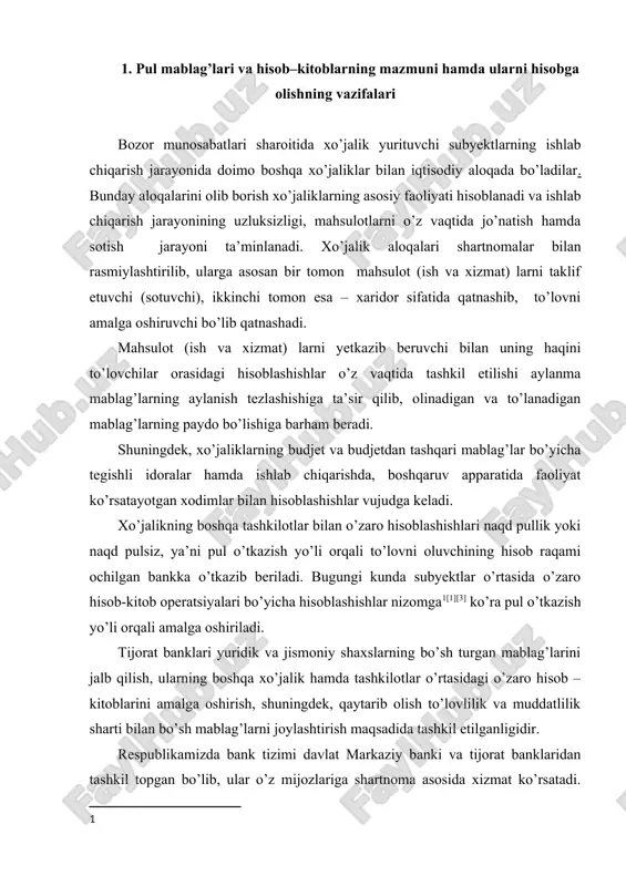 rish, shuningdek, qaytarib olish to’lovlilik va muddatlilik sharti bilan bo’sh mablag’larni joylashtirish maqsadida tashkil etilganligidir. respublikamizda bank tizimi davlat markaziy banki va tijorat banklaridan tashkil topgan bo’lib, ular o’z mijozlariga shartnoma asosida xizmat ko’rsatadi. mijozlar bank xizmatlaridan foydalanishda mustaqil ravishda o’zlari tanlagan bir yoki bir nechta banklarda hisob-kitob-pul bilan bog’liq operatsiyalari amalga oshiradi. [2][4] shu bilan birga ishlab chiqarish faoliyati kengaytirish maqsadida bankning kredit resurslaridan foydalanishlarilari va maqsadli kredit munosabatlari yuzasidan kredit shartnomalarini rasmiylashtirishlari mumkin. korxonalar banklarda hisob–kitob va valuta schyotlaridan tashqari, maxsus joriy schyotlari (limitlashtirilgan chek daftarchalari, akkreditivlar, maxsus schyotlar va b.) dan ham foydalanishlari mumkin. xo’jalik yurituvchi subyektlarning pul mablag’lar hisobi buxgalteriya hisobi schyotlar rejasining beshinchi bo’limi, majburiyatlari bo’yicha hisob–kitoblar esa oltinchi va yettinchi bo’limida tayinlangan schyotlarda yuritiladi. xo’jaliklarda mavjud pul mablag’laridan maqsadli foydalanish va ularni samarali boshqarish, shuningdek, olinadigan mablag’lar va majburiyatlarni o’z vaqtida so’ndirish buxgalteriya hisobi orqali nazorat qilinadi. shu boisdan, ushbu nazoratni to’g’ri va o’z …