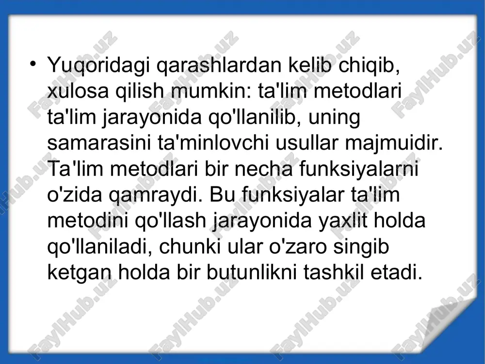 ikr yuritishning didaktik materialistik usullarini, milliy istiqlol g'oyasiga asoslangan milliy qadriyatlarga asoslangan axloq, xulq-atvorning irodaviy sifatlarini shakllantirishga olib kelishi kerak. shu talab nuqtai nazaridan qaraganda, ta'lim metodi tarbiyalovchi xarakterda bo'lishi, ya'ni bilimlarni o'zlashtirishgagina emas, balki ta'limning tarbiyalovchilik imkoniyatlarini ishga solishga ham yordam berishi kerak. ta'lim metodi ilmiy dalillar bilan ravshan va aniq asoslangan bo'lishi lozim. ana shunda o'qituvchi, bu metod bilan ishlashda qanday vazifalarni qo'yib, hal qilish mumkinligini va qanday vazifalarni amalga oshirib bo'lmasligini ko'ra oladi. metodning ilmiyligi o'quvchilarning ravshan va aniq fikr yuritishini: materiallarni o'zlashtirish jarayonidagi dalil-isbot va muhokamalarning maqsadi, vositalari, usullari, asosiy va ikkinchi darajali natijalarni ham bildiradi. ta'lim metodlarining tizimliligi ularning samaradorlik darajasini belgilaydi. o'quv materialini o'rganishning har qanday alohida olingan usuli, garchi shu darsda qo'llanish uchun juda qulay bo'lsa ham, o'qitishning boshqa metodlari bilan birga qo'llanilmaganda o'quvchilar aqlining o'sishiga uncha ta'sir ko'rsatmasligi mumkin. ta'lim metodlari oldiga muqarrar suratda qo'yiladigan yana bir talab ularning tushinarli bo'lishidir. o'qitish …