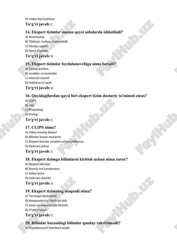 i mexanizm) nima qiladi? a) grafik yaratadi b) bilimlar asosida mantiqiy qaror chiqaradi c) tarmoqni so zlaydi d) brauzer ochadi to‘g‘ri javob: b 5. ekspert tizimi qanday bilim turiga tayanadi? a) tashkiliy bilim b) statistik bilim c) mutaxassis tajribasi asosidagi bilim d) sport statistikasi to‘g‘ri javob: c 6. ekspert tizimining foydalanuvchi interfeysi ni ma uchun kerak? a) qaydlar saqlash uchun b) natijalarni grafikda ko‘rsatish uchun c) foydalanuvchi bilan muloqot qilish uchun d) internetga ulanish uchun to‘g‘ri javob: c /docprops/thumbnail.emf mavzu:''exspert tizimlarining dasturiy taminotida ishlash'' test 1. ekspert tizimi nima? a) veb-sayt yaratuvchi platforma b) bilimlarga asoslangan muammolarni hal qiluvchi dasturiy tizim c) matn tahririyoti d) audio tahrir dasturi to‘g‘ri javob: b 2. ekspert tizimining asosiy komponenti qaysi? a) animatsiya moduli b) bilimlar bazasi c) fayl menejeri d) antivirus moduli to‘g‘ri javob: b 3. quyidagilardan qaysi biri ekspert tizimining vazifasi hisoblanadi? a) elektron pochtani yuborish b) qaror chiqarish va maslahat berish …